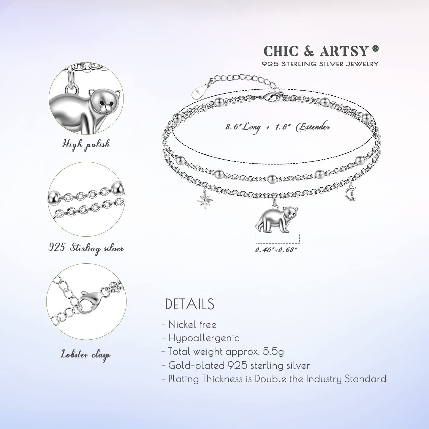 925 Sterling Silver Bear Cute Bear Anklets for Women Adjustable Foot Jewelry