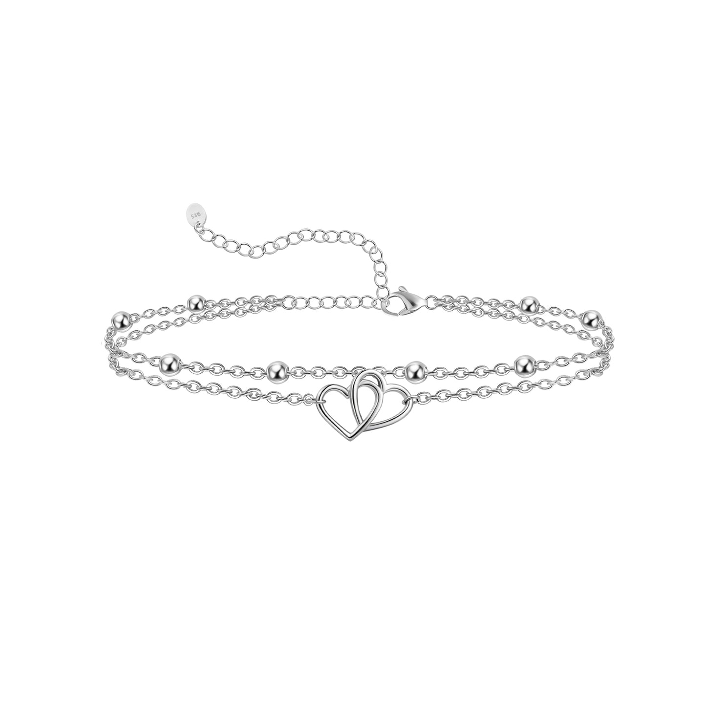 925 Sterling Silver Double Heart Layered Anklets Sandals Ankle Bracelets