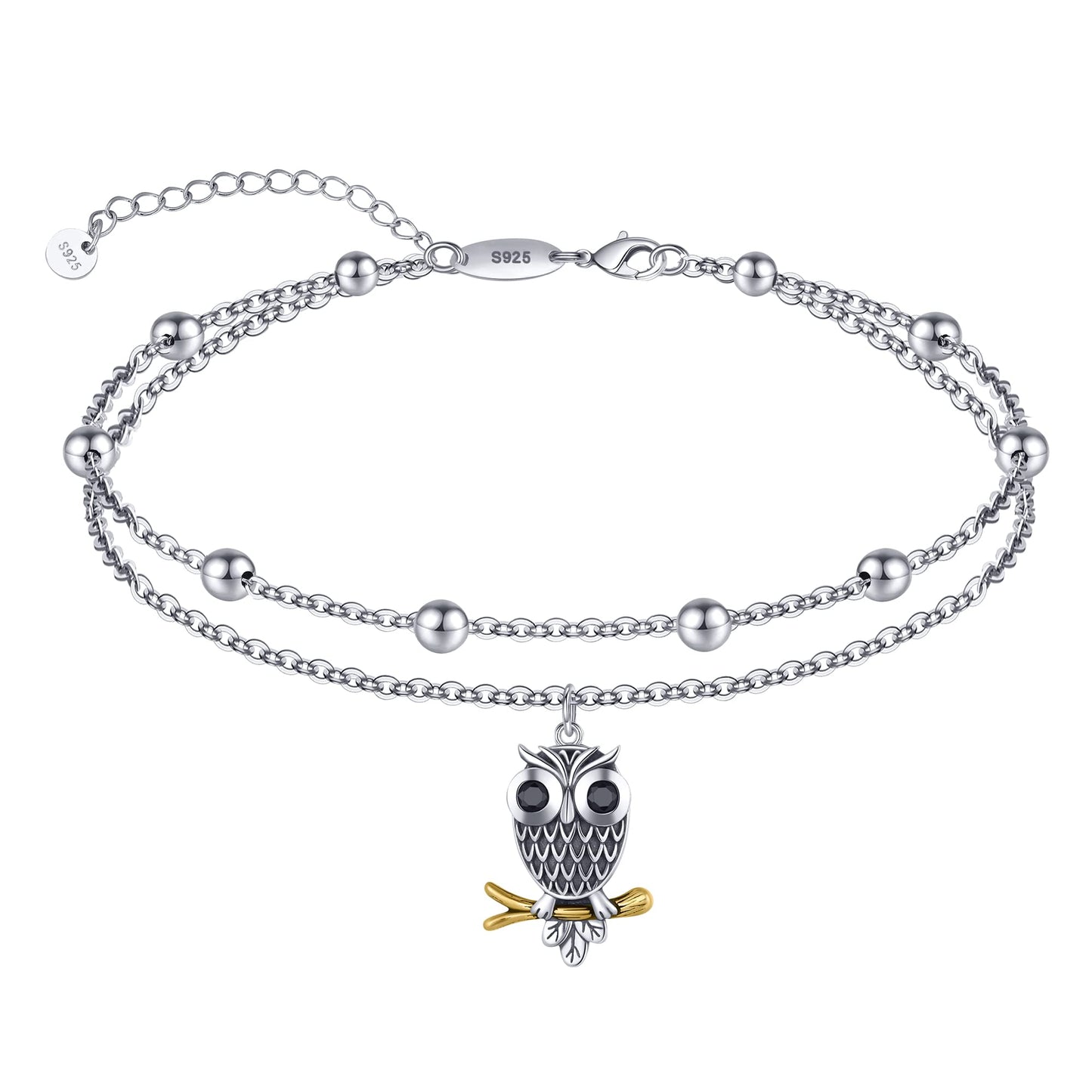 Owl Anklets 925 Sterling Silver Oxidized Owl Anklets Dainty Layered Beaded Anklet Bracelets for Women