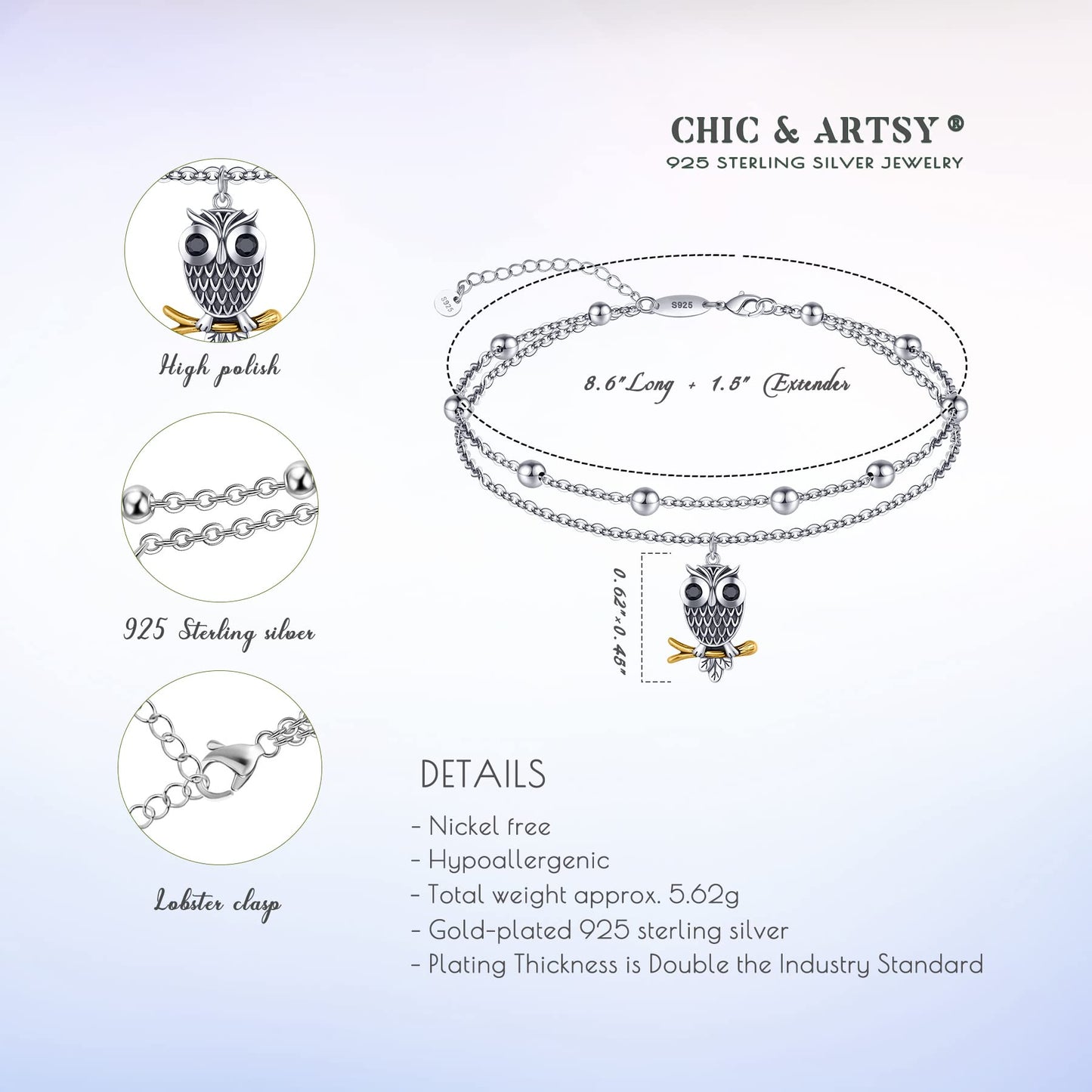 Owl Anklets 925 Sterling Silver Oxidized Owl Anklets Dainty Layered Beaded Anklet Bracelets for Women
