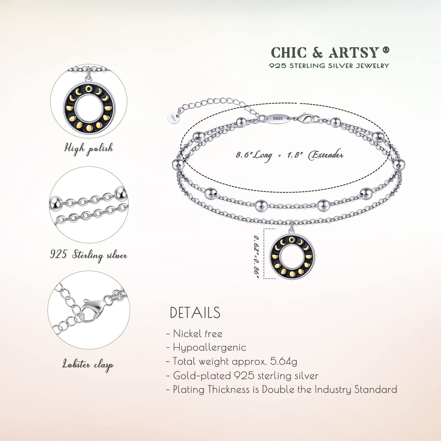 Moon Phase Anklets 925 Sterling Silver Dainty Layered Moon Phase Anklets Bracelets