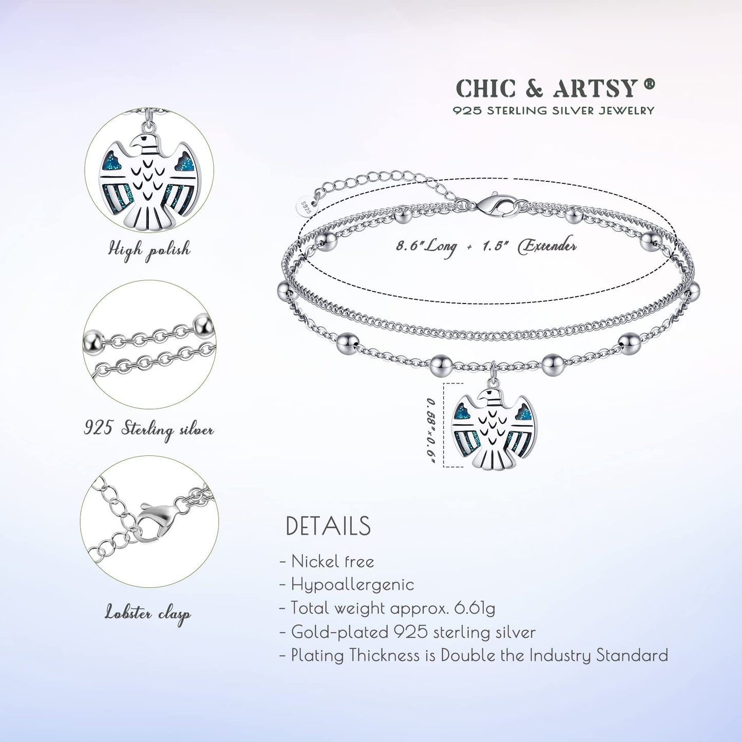Anklet Bracelet for Women 925 Sterling Silver Eagle Layered Anklet Bracelet