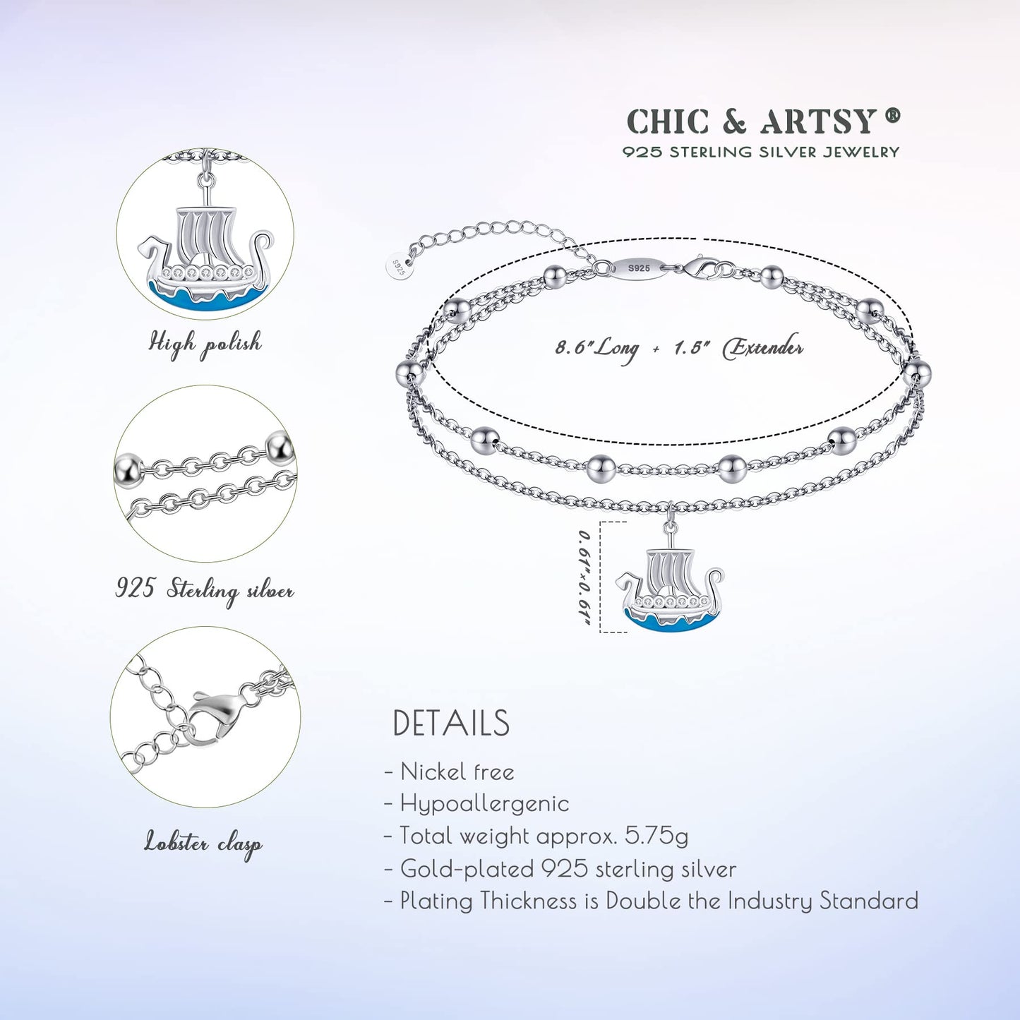 Viking Boat Anklet 925 Sterling Silver Viking Long Ankle Bracelets