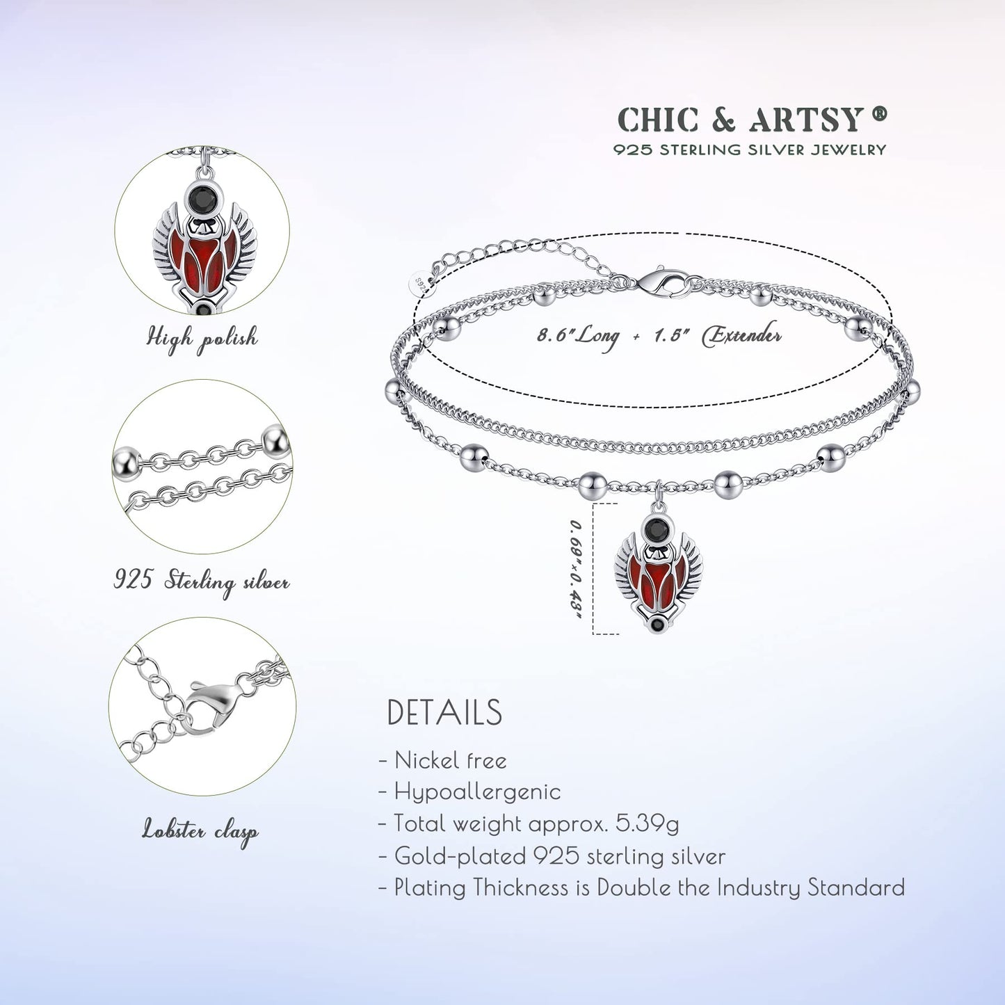 Scarab Anklet 925 Sterling Silver Cute Egyptian Scarab Beetle Charm Ankle Bracelets