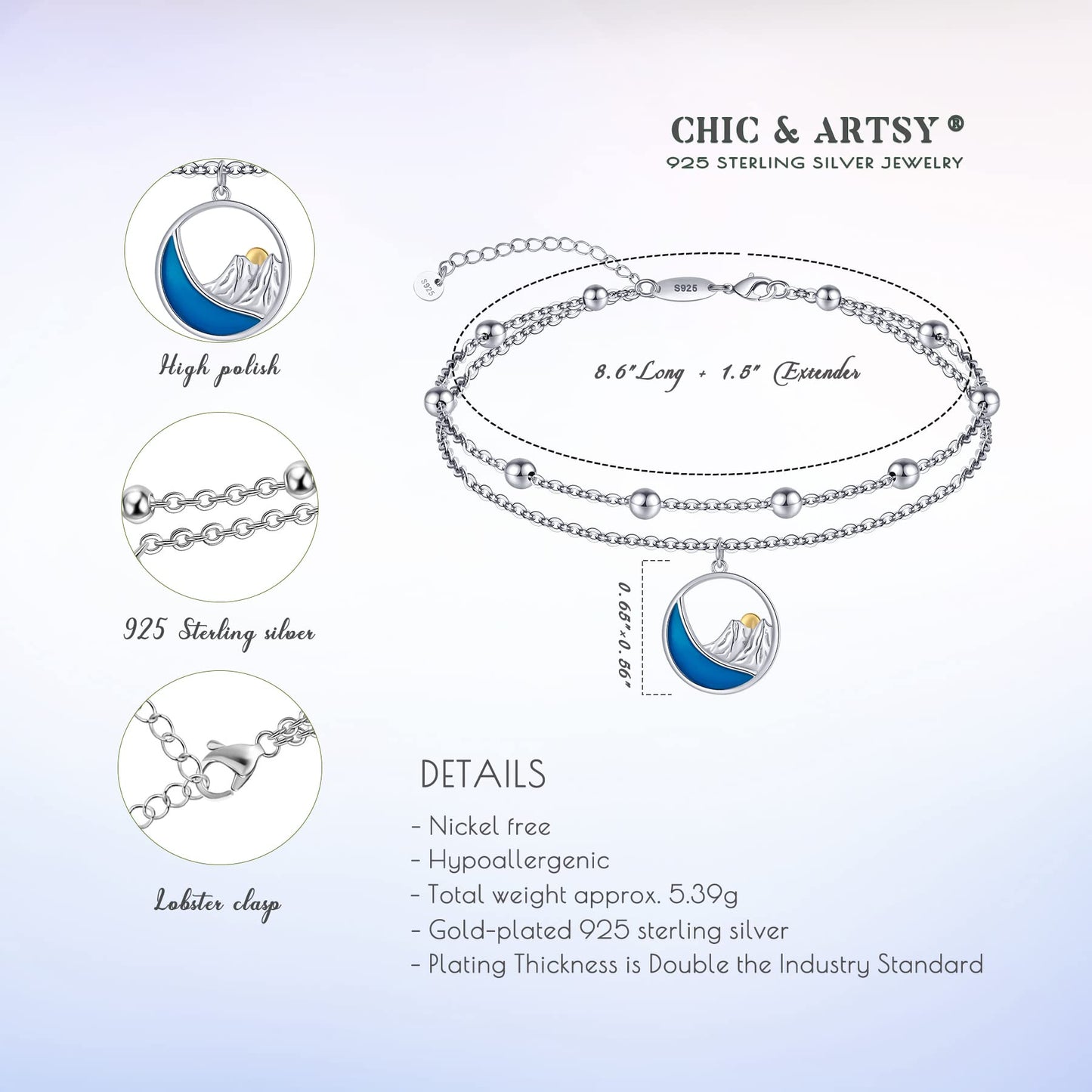 Mountain Anklet 925 Sterling Silver Simple Sun Hiking Mountain Anklet Bracelets