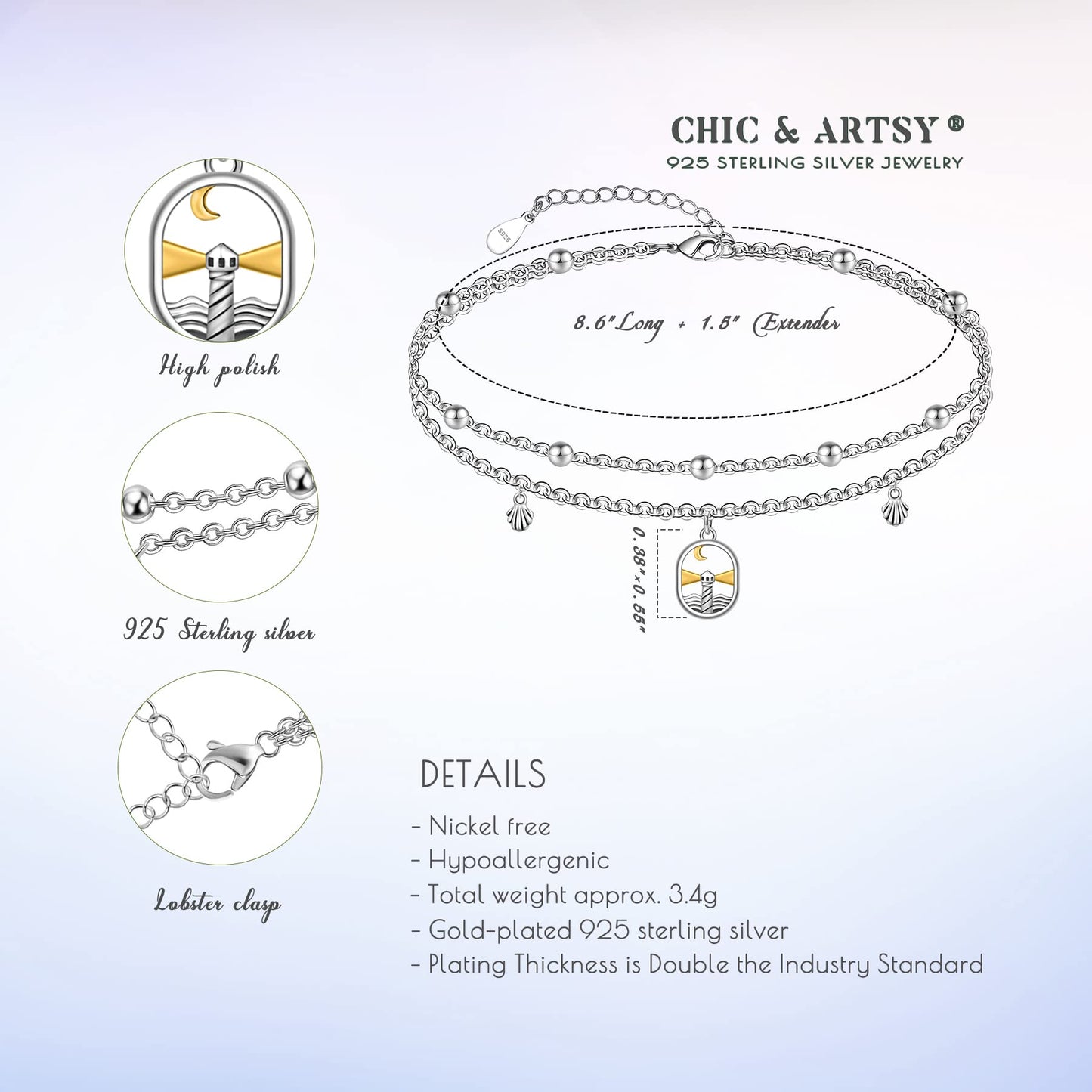 Ankle Bracelet 925 Sterling Silver lighthouse Anklet 10 Inches Beachy Anklets for Women