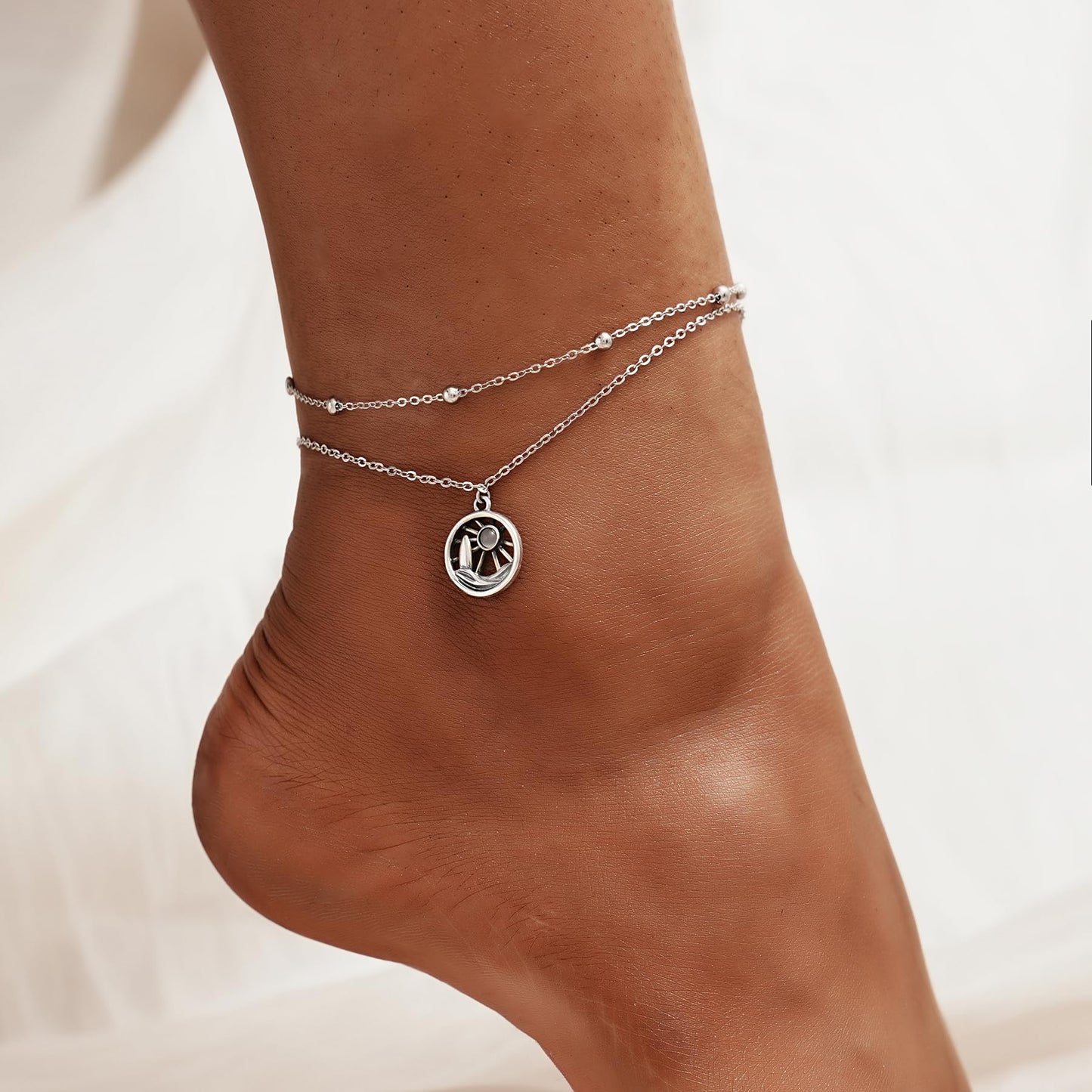 Sun Anklet 925 Sterling Silver Sun Anklet Dainty Created Moonstone Anklet Sun Beach Anklets