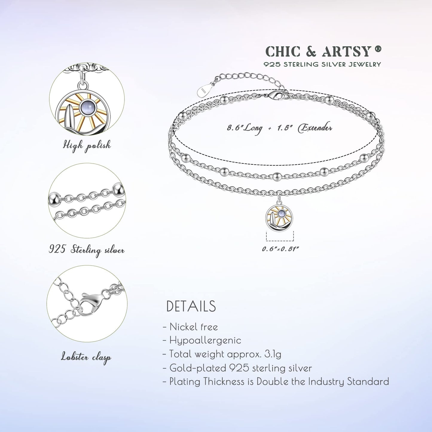 Sun Anklet 925 Sterling Silver Sun Anklet Dainty Created Moonstone Anklet Sun Beach Anklets