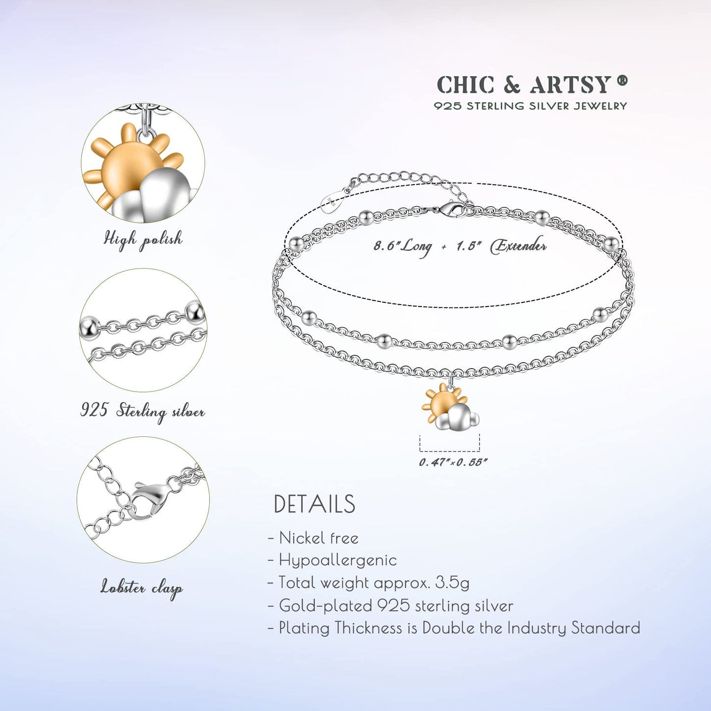 Sun Anklet 925 Sterling Silver Sun Anklet Bracelets for Women