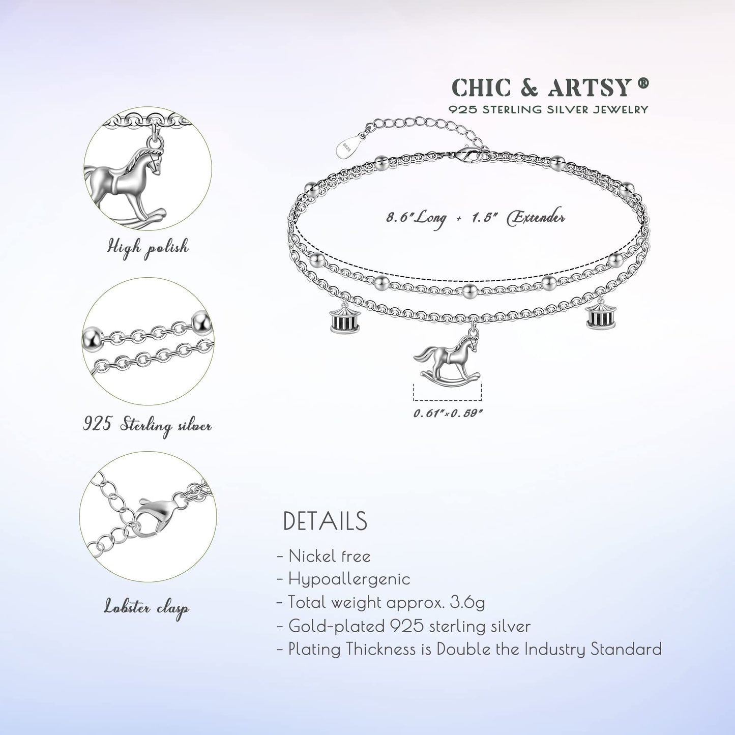 Ankle Bracelet 925 Sterling Silver Carousel Anklet Cute Horse Anklets for Women