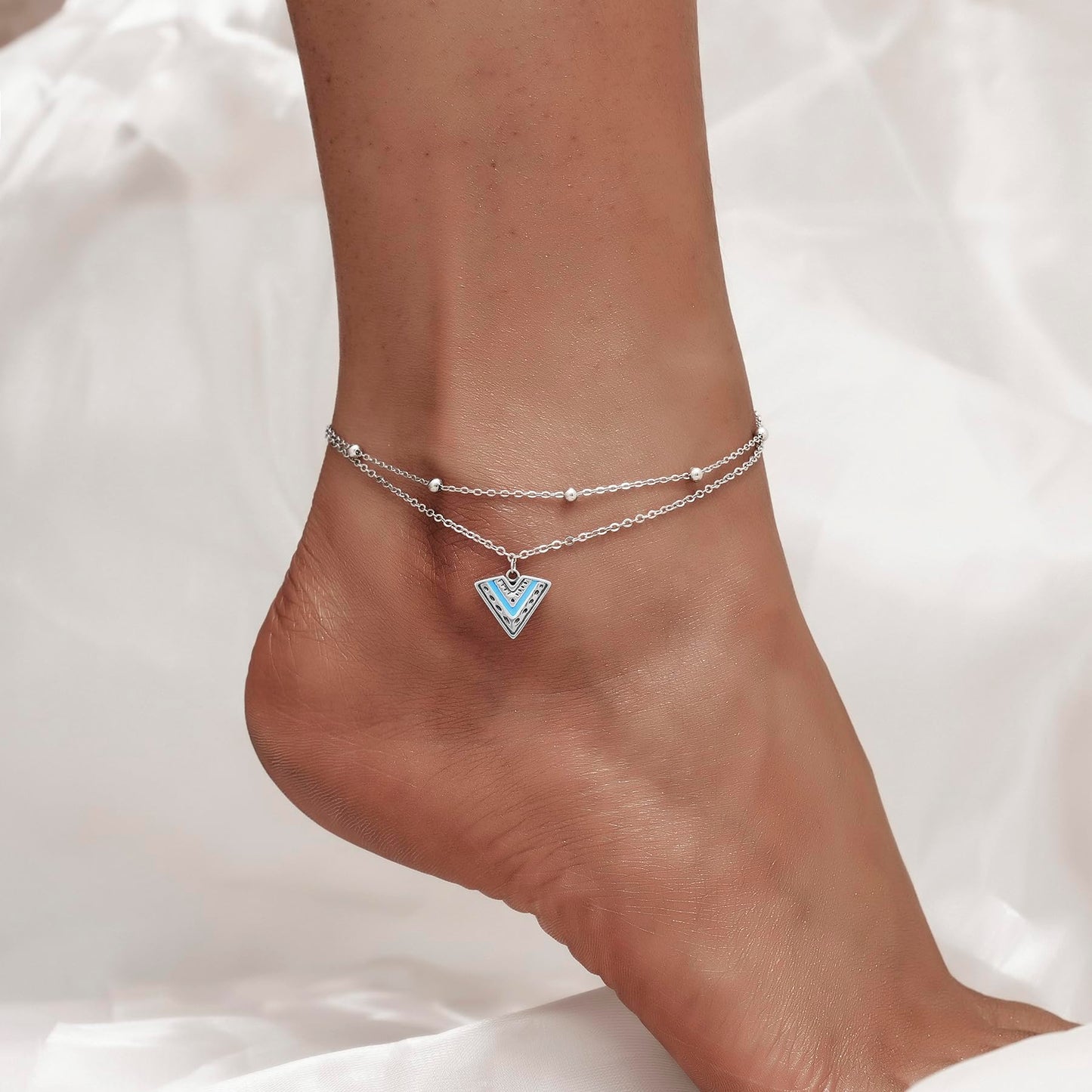 Boho Anklet 925 Sterling Silver Dainty Adjustable Layered Ankle Bracelet for Women