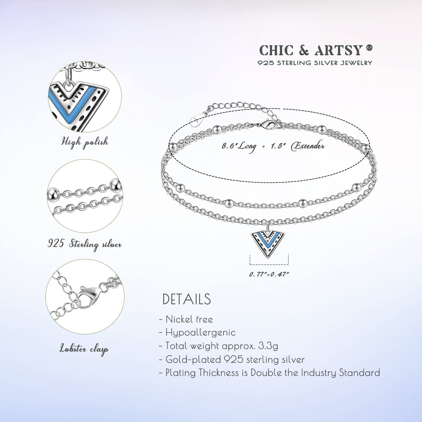 Boho Anklet 925 Sterling Silver Dainty Adjustable Layered Ankle Bracelet for Women
