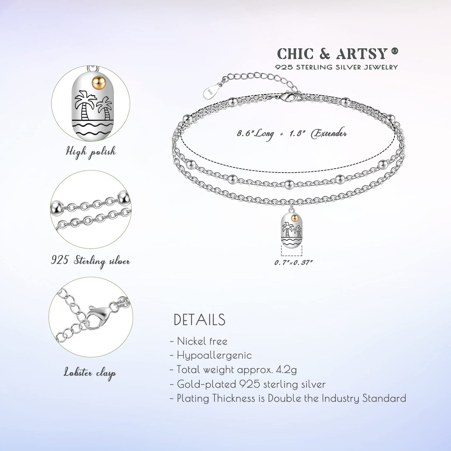 Palm Trees Ankle 925 Sterling Silver Ankle Bracelets for Women