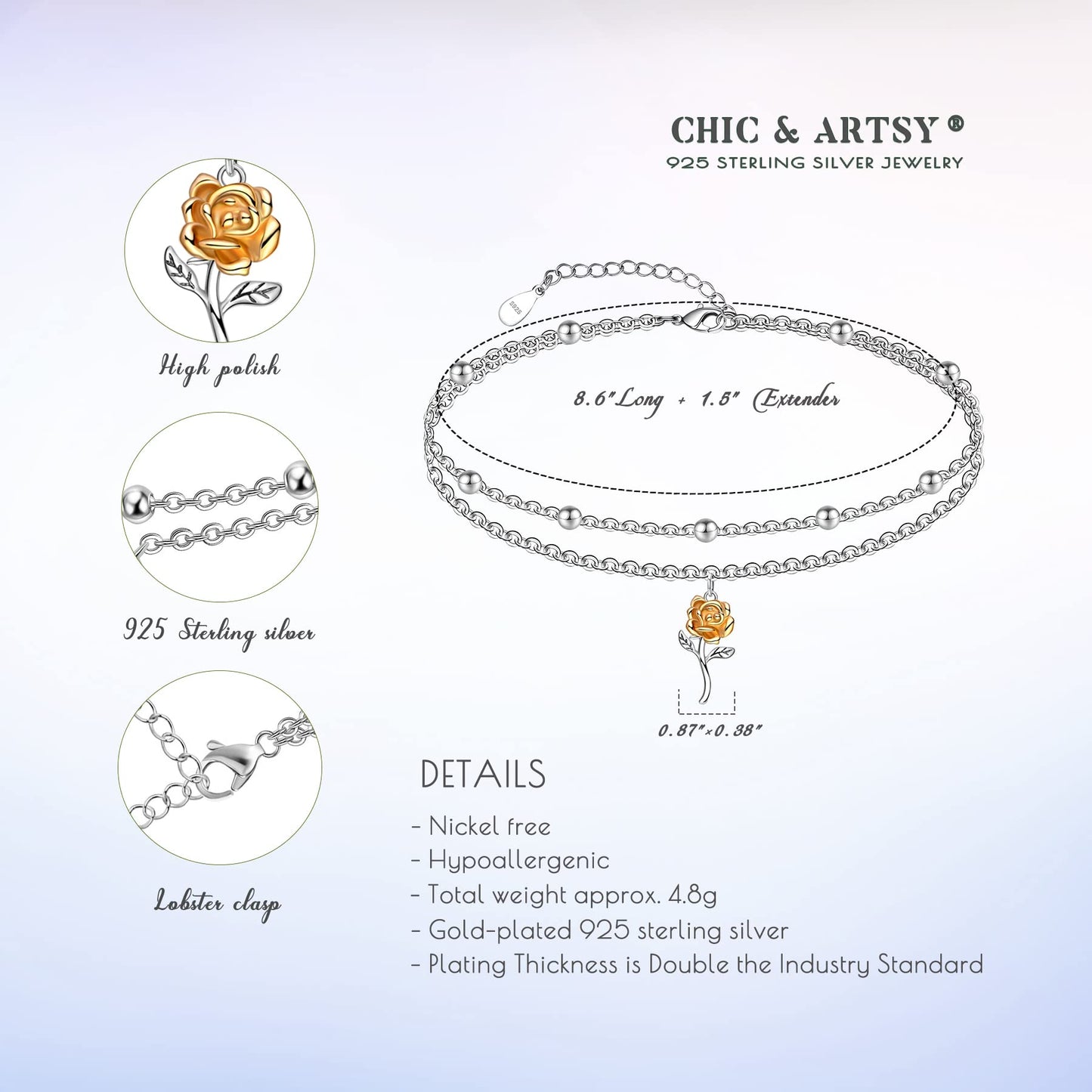 Ankle Bracelet for Women 925 Sterling Silver Roses Layered Anklet Braceles