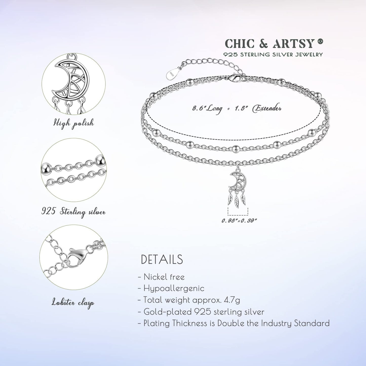 925 Sterling Silver Dream Catcher Anklets Dainty Moon Layered Anklet Bracelets
