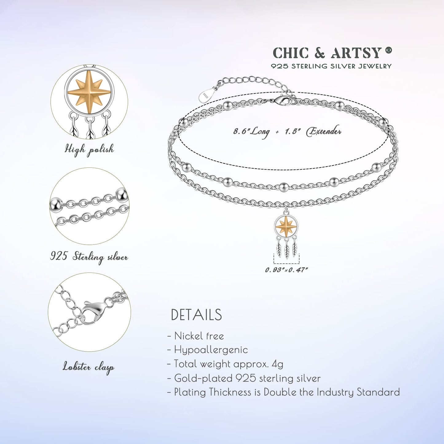 925 Sterling Silver Dream Catcher Anklet Bracelets for Women