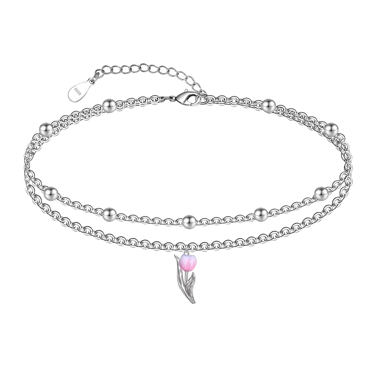 925 Sterling Silver Tulip Ankle Dainty Layered Anklet Bracelets