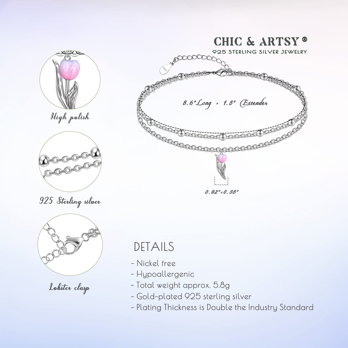 925 Sterling Silver Tulip Ankle Dainty Layered Anklet Bracelets