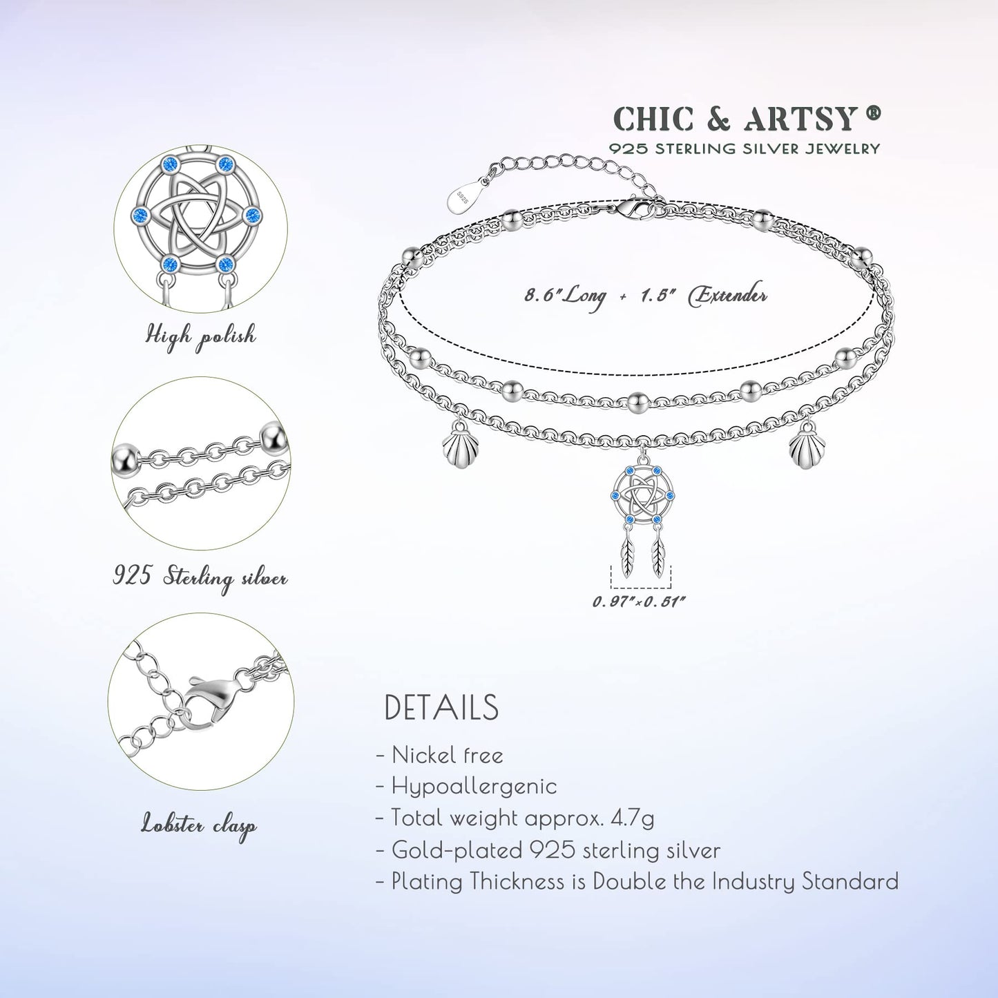 Ankle Bracelet for Women 925 Sterling Silver Dream Catcher Anklets