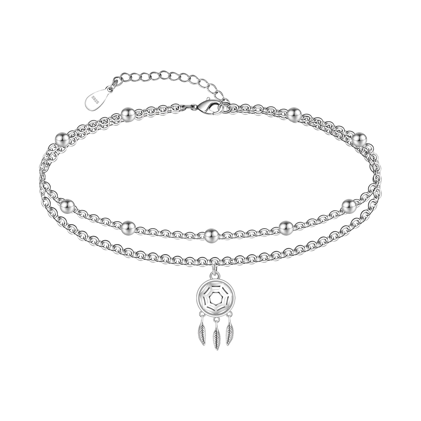 925 Sterling Silver Dream Catcher Anklets Dainty Layered Boho Anklets Bracelet