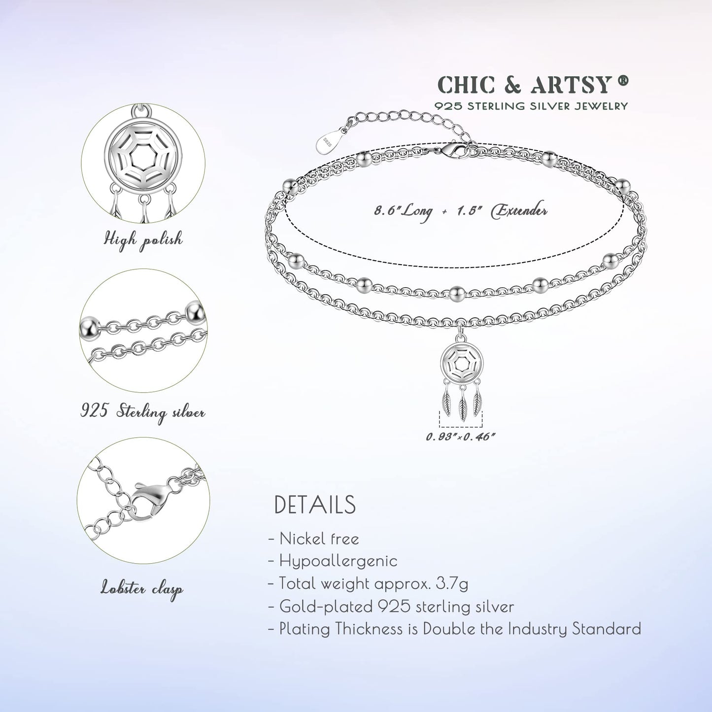 925 Sterling Silver Dream Catcher Anklets Dainty Layered Boho Anklets Bracelet