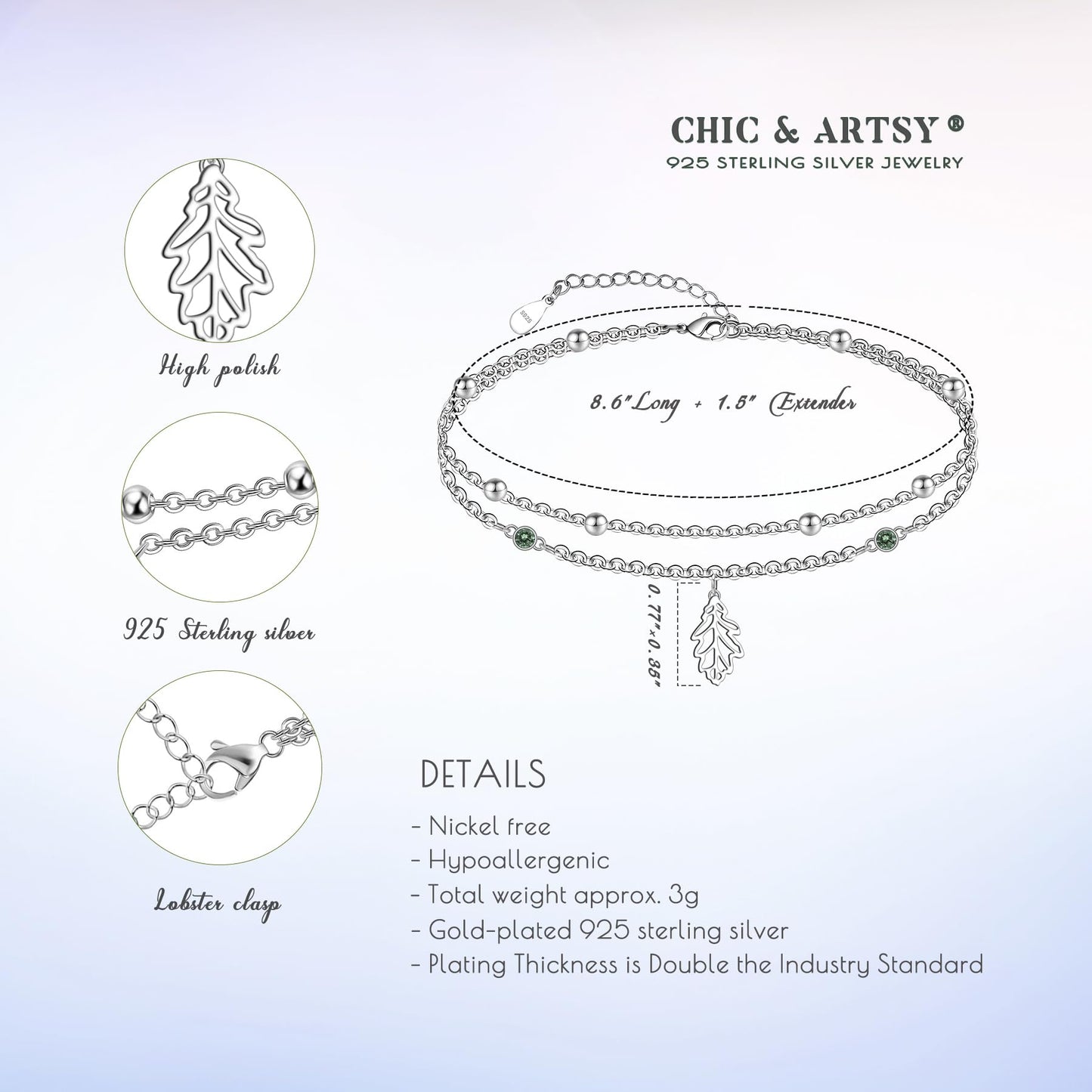 Leaf Anklet 925 Sterling Silver Blue Zirconia Leaf Anklet Bracelets