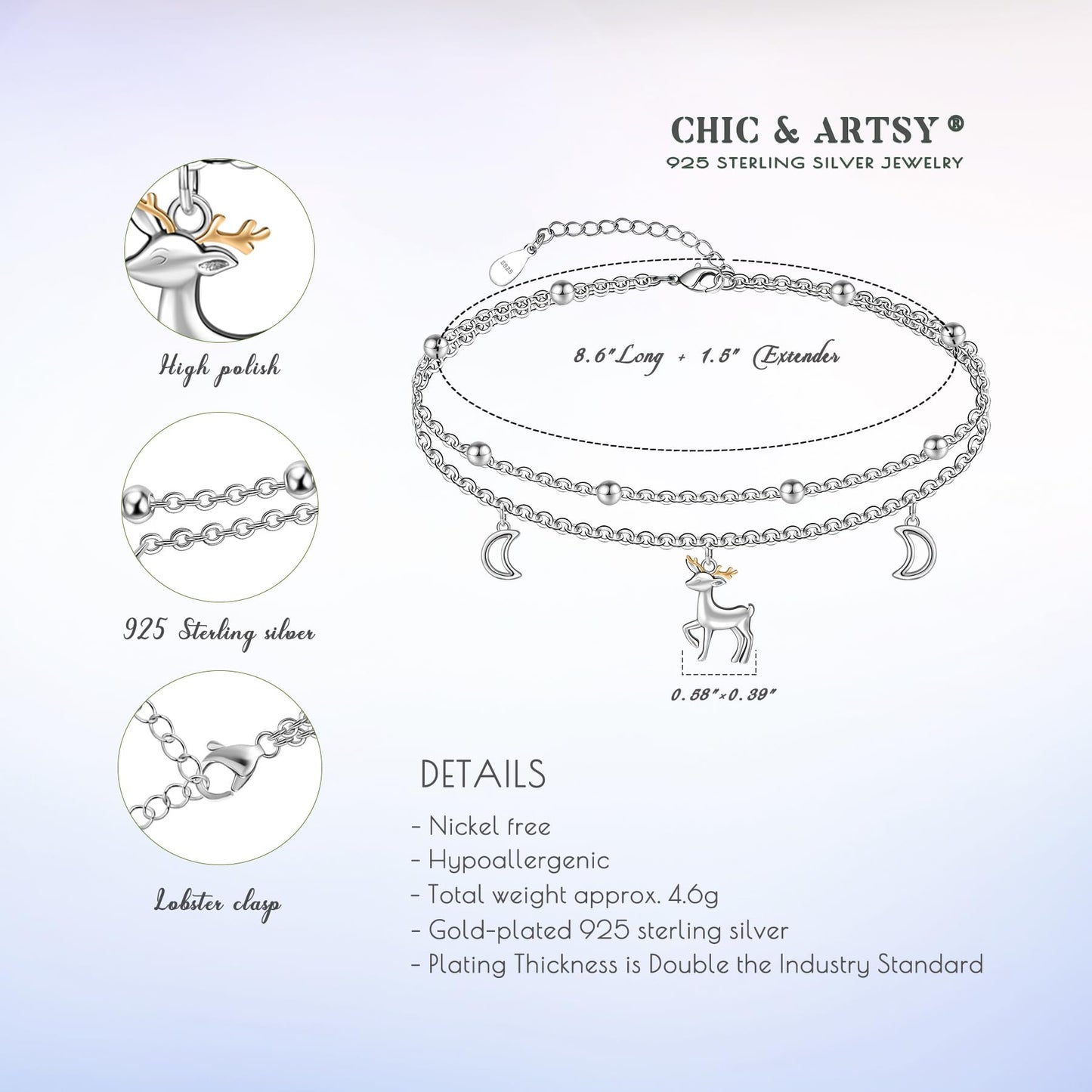 925 Sterling Silver Ankle Bracelet - Hypoallergenic Cute Deer Anklets for Women