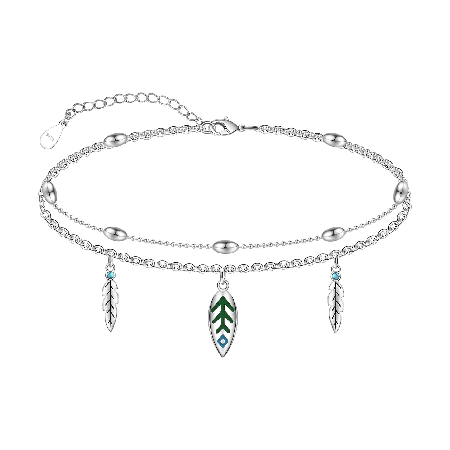 925 Sterling Silver Anklet Bracelets - Summer Beach Ankle Bracelets Created with Turquoise Feather