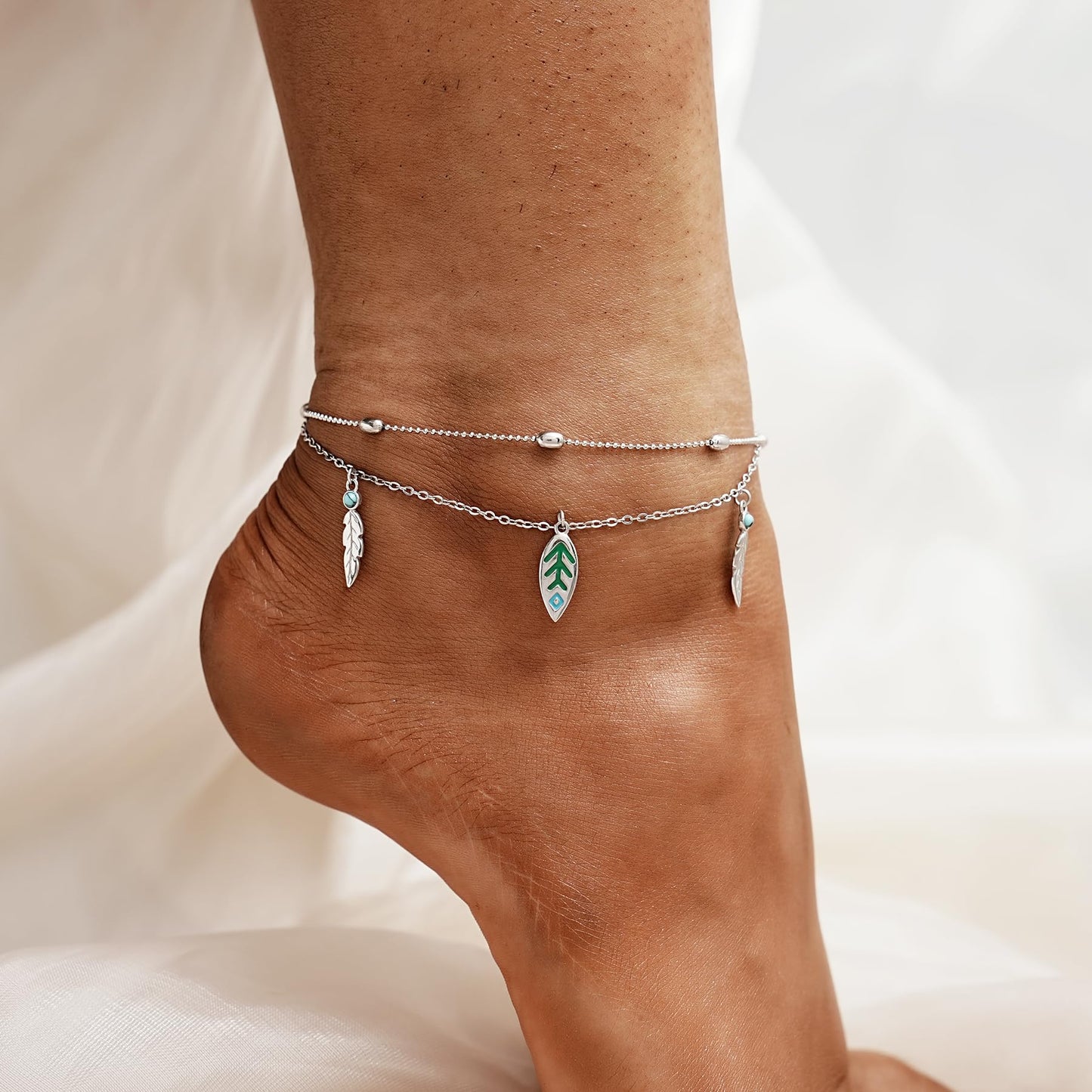 925 Sterling Silver Anklet Bracelets - Summer Beach Ankle Bracelets Created with Turquoise Feather