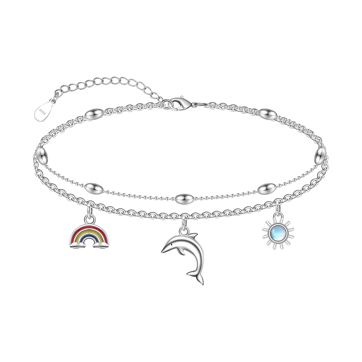 Dolphin Ankle Bracelets for Women - 925 Sterling Silver Adjustable Layer Anklets 10 Inches
