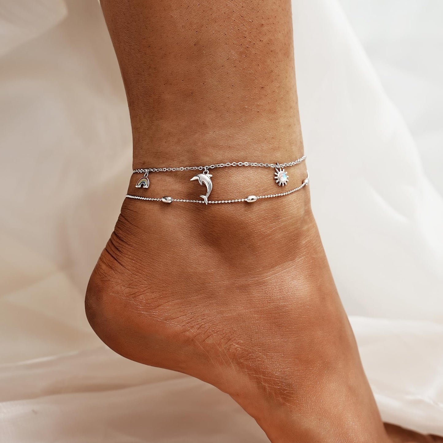 Dolphin Ankle Bracelets for Women - 925 Sterling Silver Adjustable Layer Anklets 10 Inches