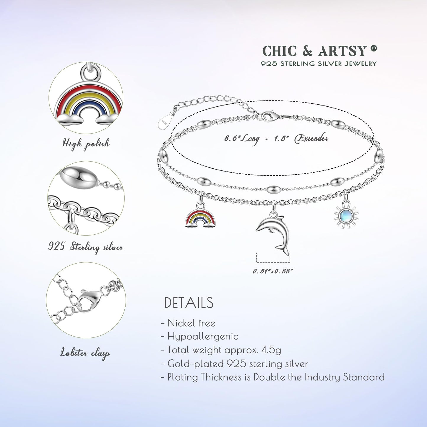 Dolphin Ankle Bracelets for Women - 925 Sterling Silver Adjustable Layer Anklets 10 Inches