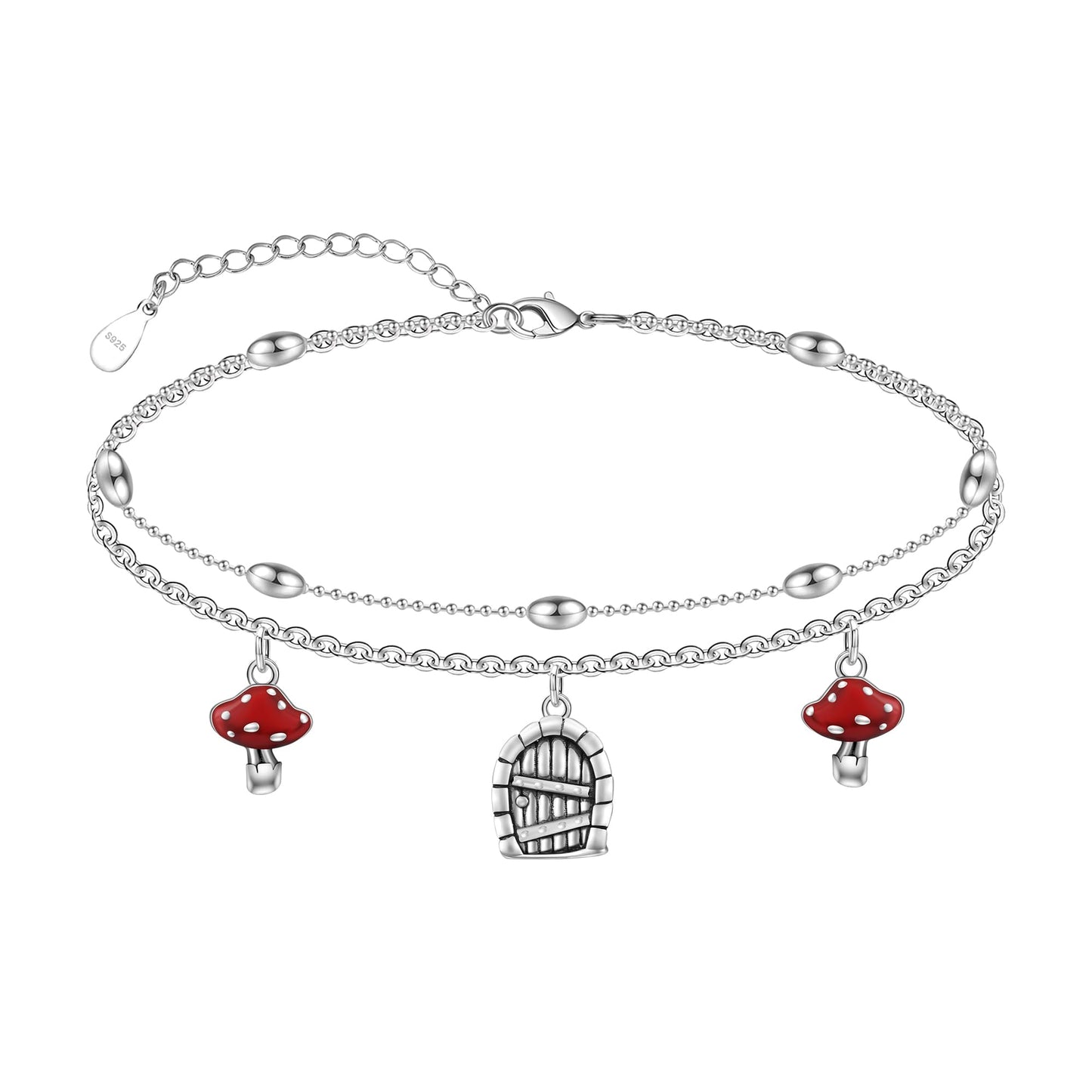 925 Sterling Silver Mushroom Anklet Bracelet - Boho Layered Anklet Bracelet for Women