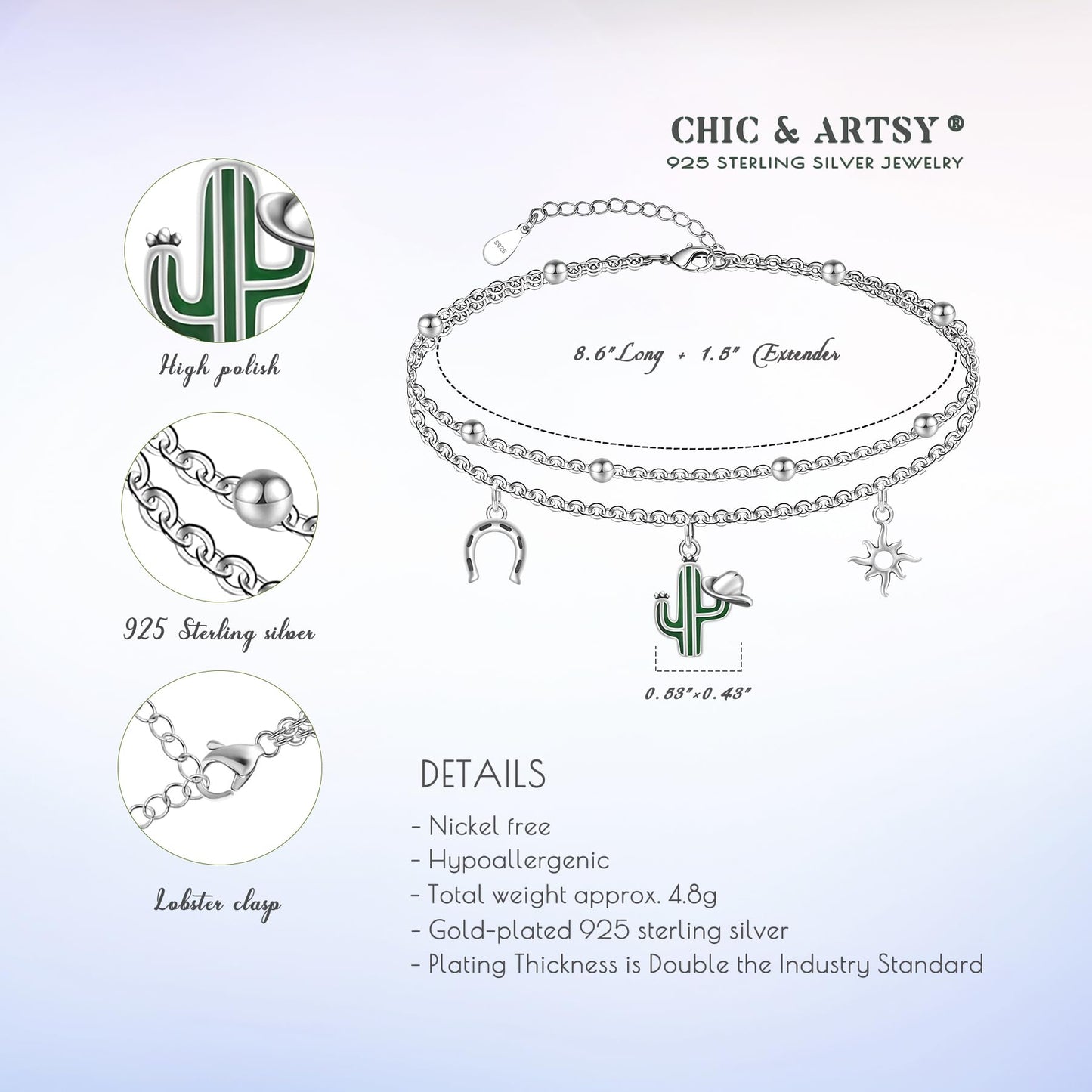 Ankle Bracelets for Women 925 Sterling Silver Cactus Anklet Bracelets