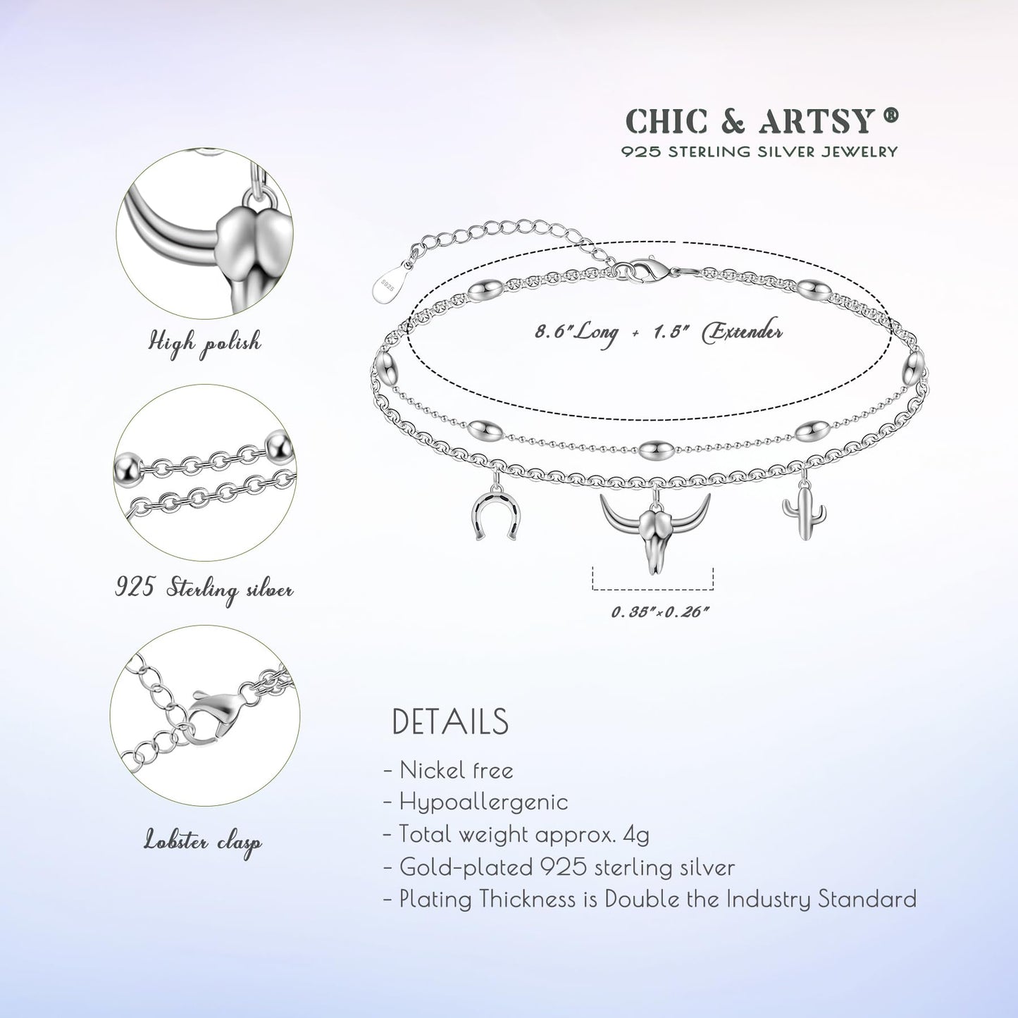 Bull Anklets 925 Sterling Silver Anklet - Adjustable Layered Anklet Bracelets