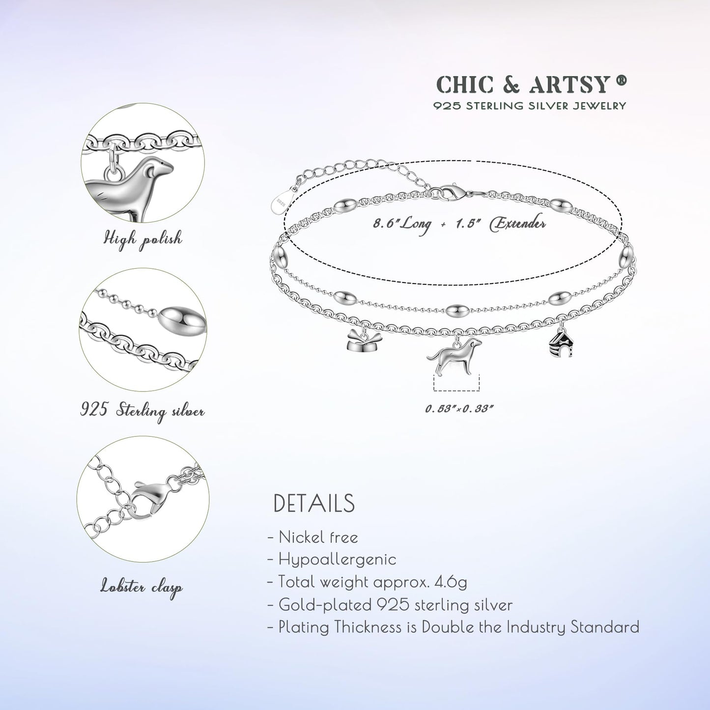 Dogs Ankle 925 Sterling Silver Ankle Bracelet for Women Dainty Layered Anklet Bracelet