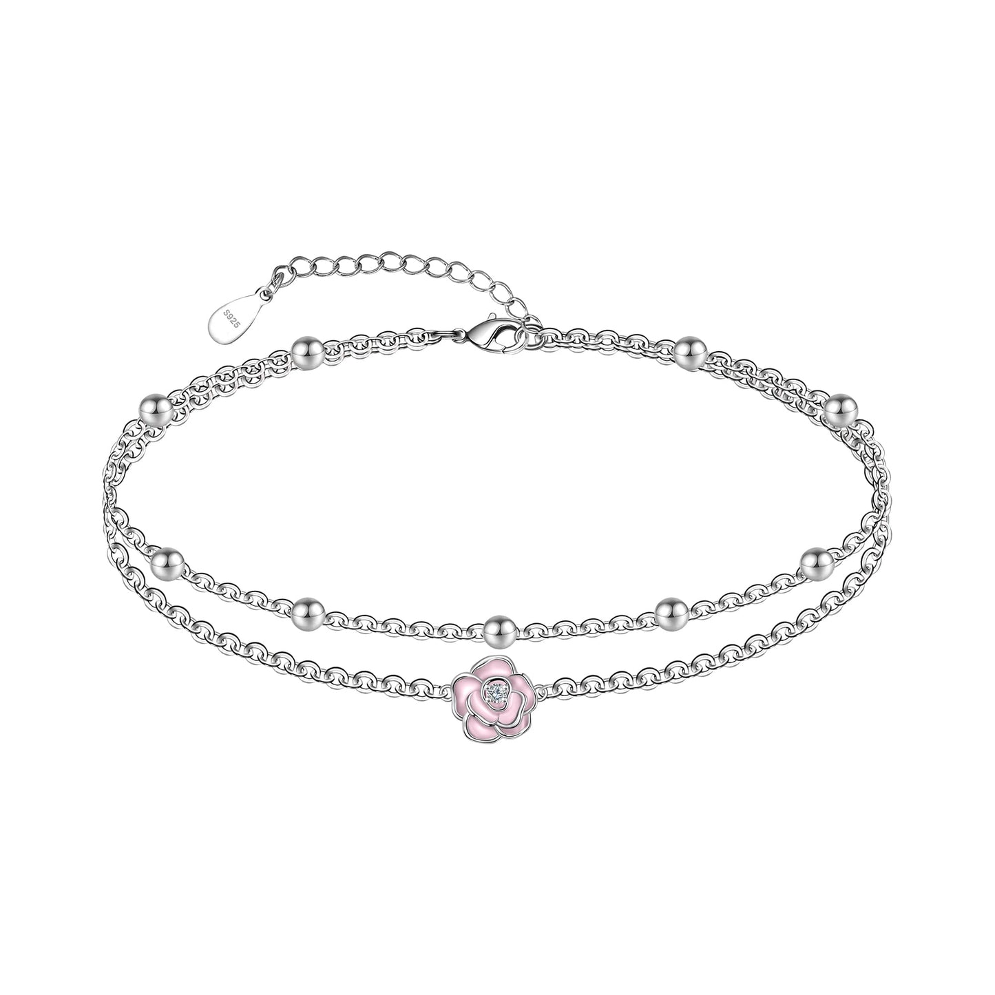 Ankle Bracelets 925 Sterling Silver Pink Roses Ankle Dainty Layered Anklet Bracelets