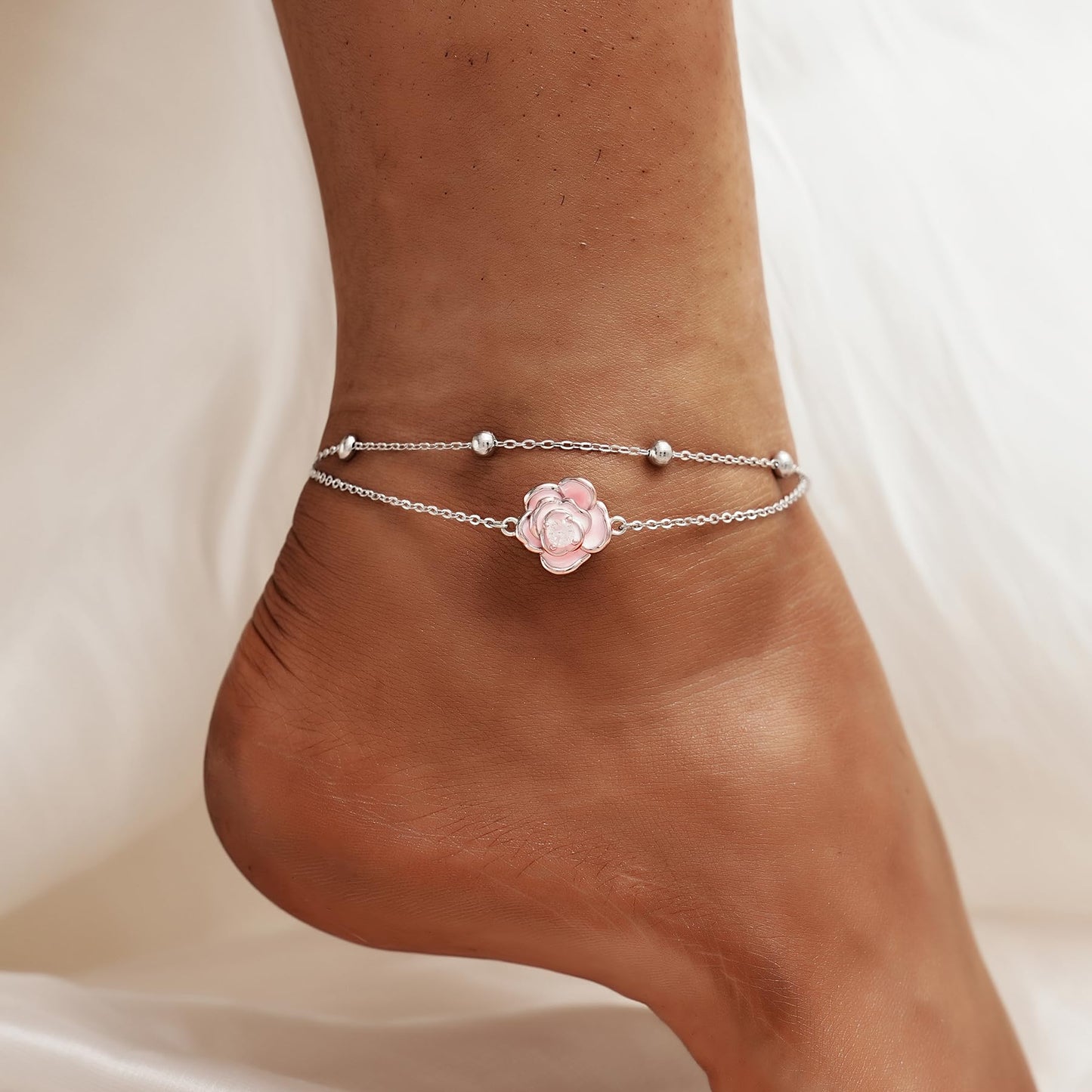 Ankle Bracelets 925 Sterling Silver Pink Roses Ankle Dainty Layered Anklet Bracelets