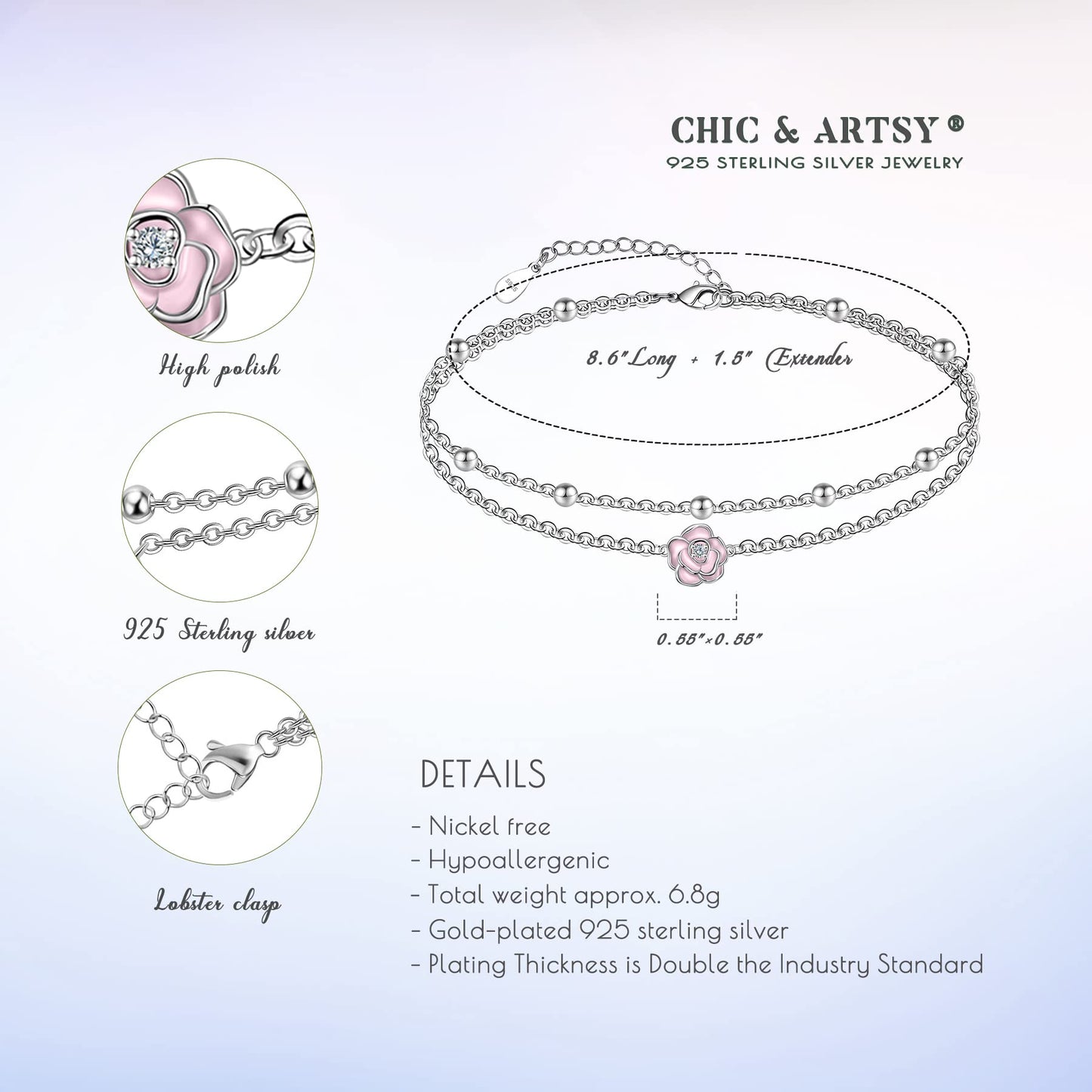 Ankle Bracelets 925 Sterling Silver Pink Roses Ankle Dainty Layered Anklet Bracelets