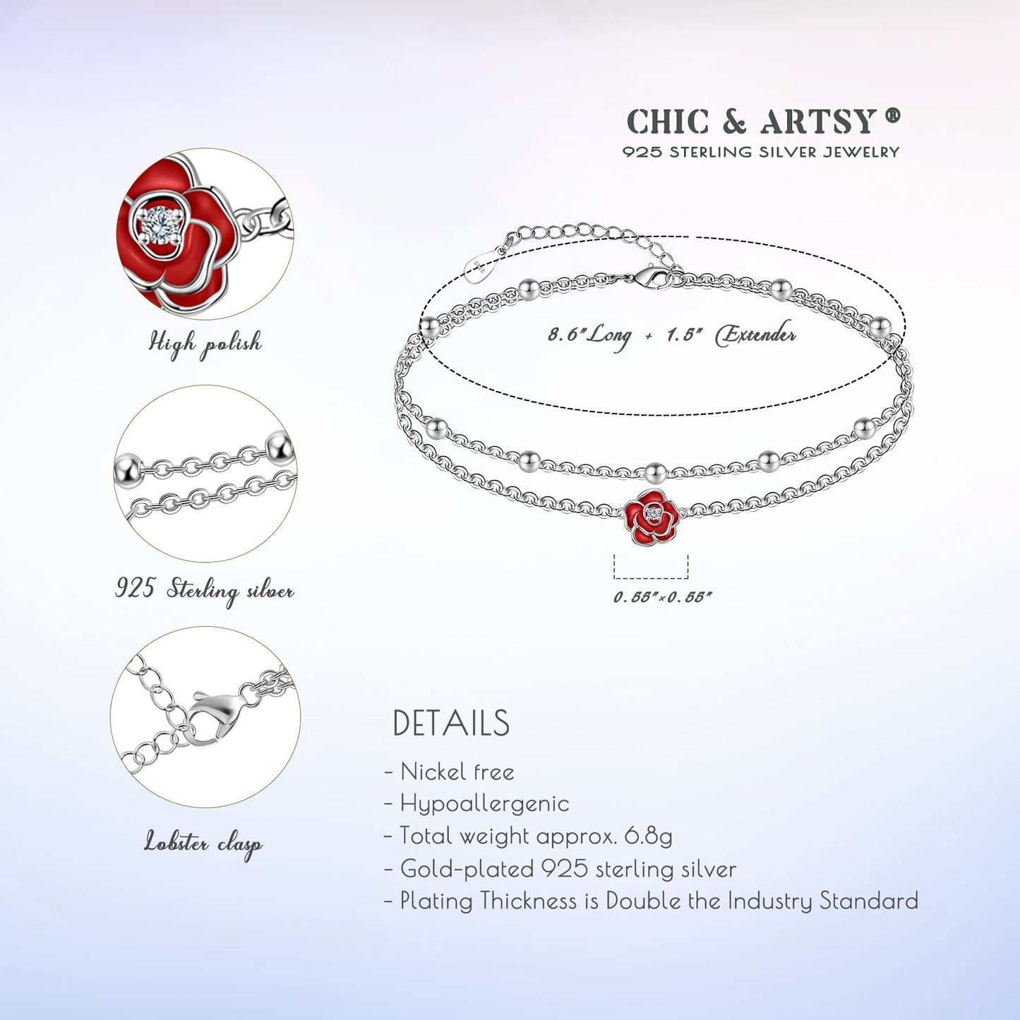 Ankle Bracelet for Women 925 Sterling Silver Red Roses Ankle Dainty Layered Anklet Bracelet