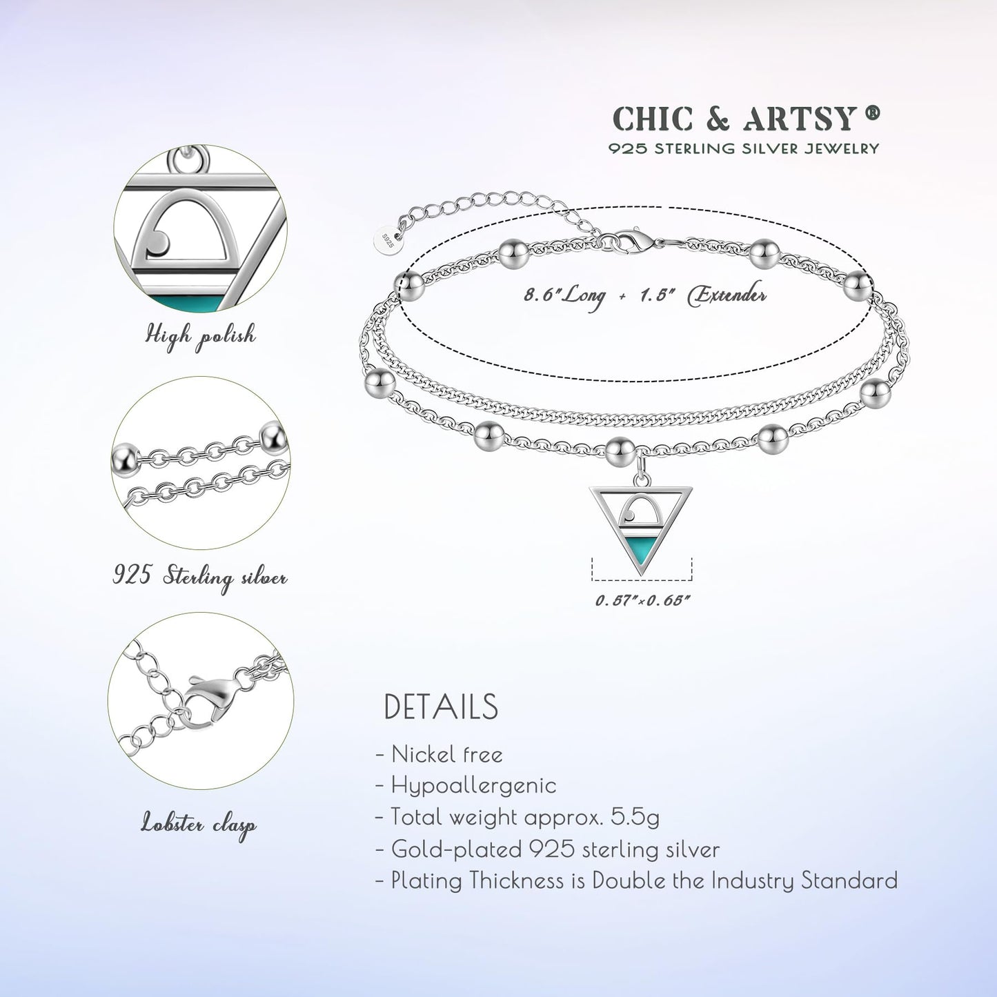 Ankle Bracelet 925 Sterling Silver Triangle Anklet Dainty White Gold Triangle Anklets for Women