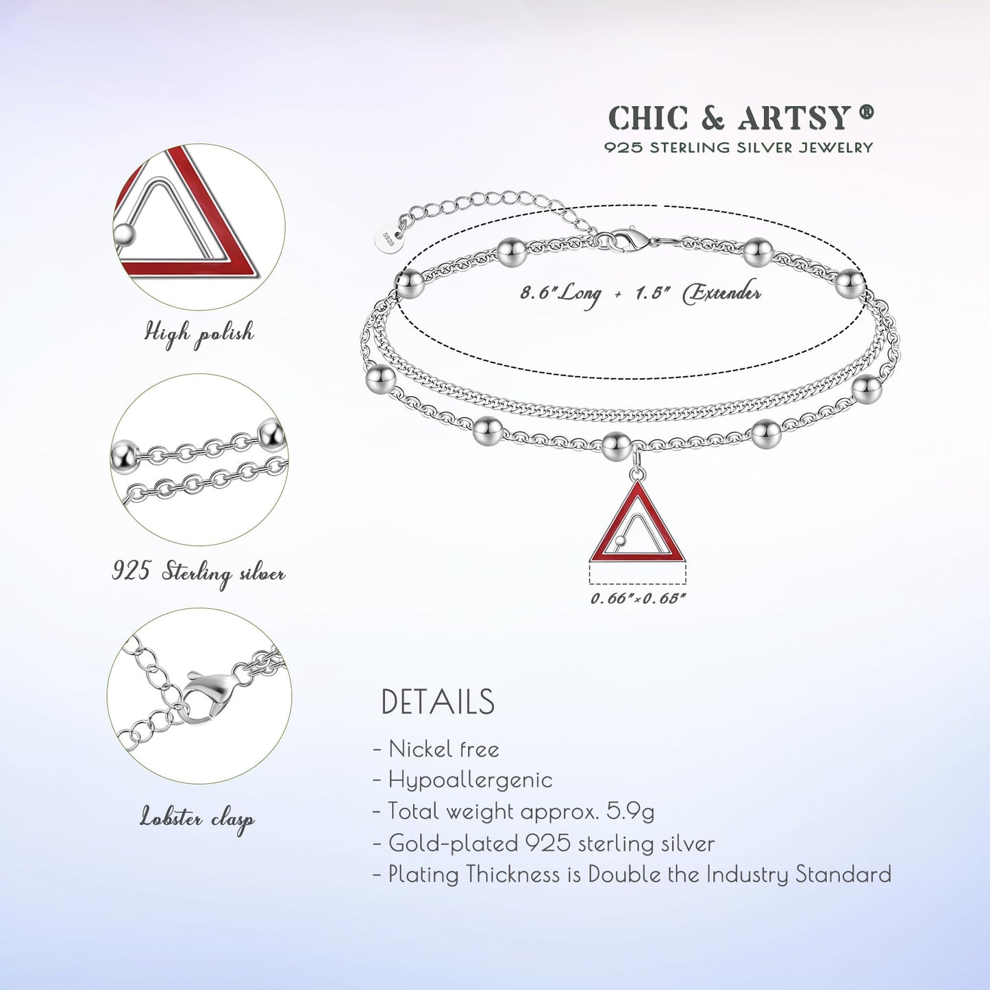 925 Sterling Silver Triangle Anklet Hypoallergenic Triangle Anklets for Women