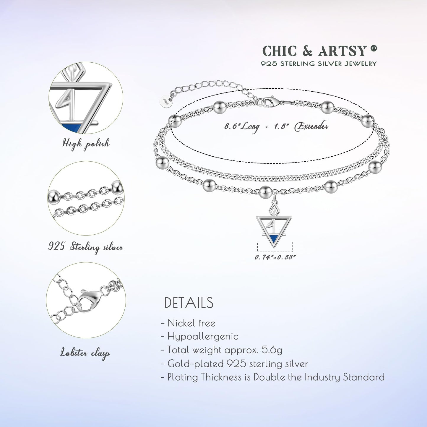 Ankle Bracelet 925 Sterling Silver Dainty Triangle Anklet for Women