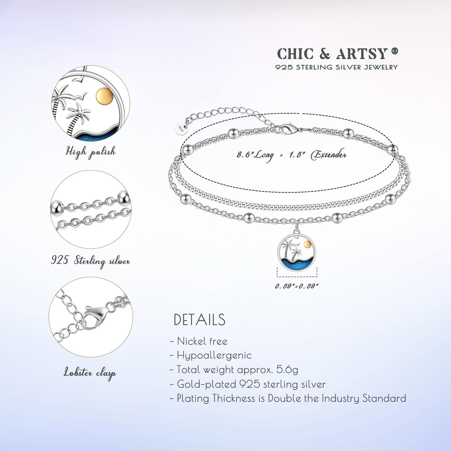 Ankle Bracelet 925 Sterling Silver Palm Tree Anklet for Women