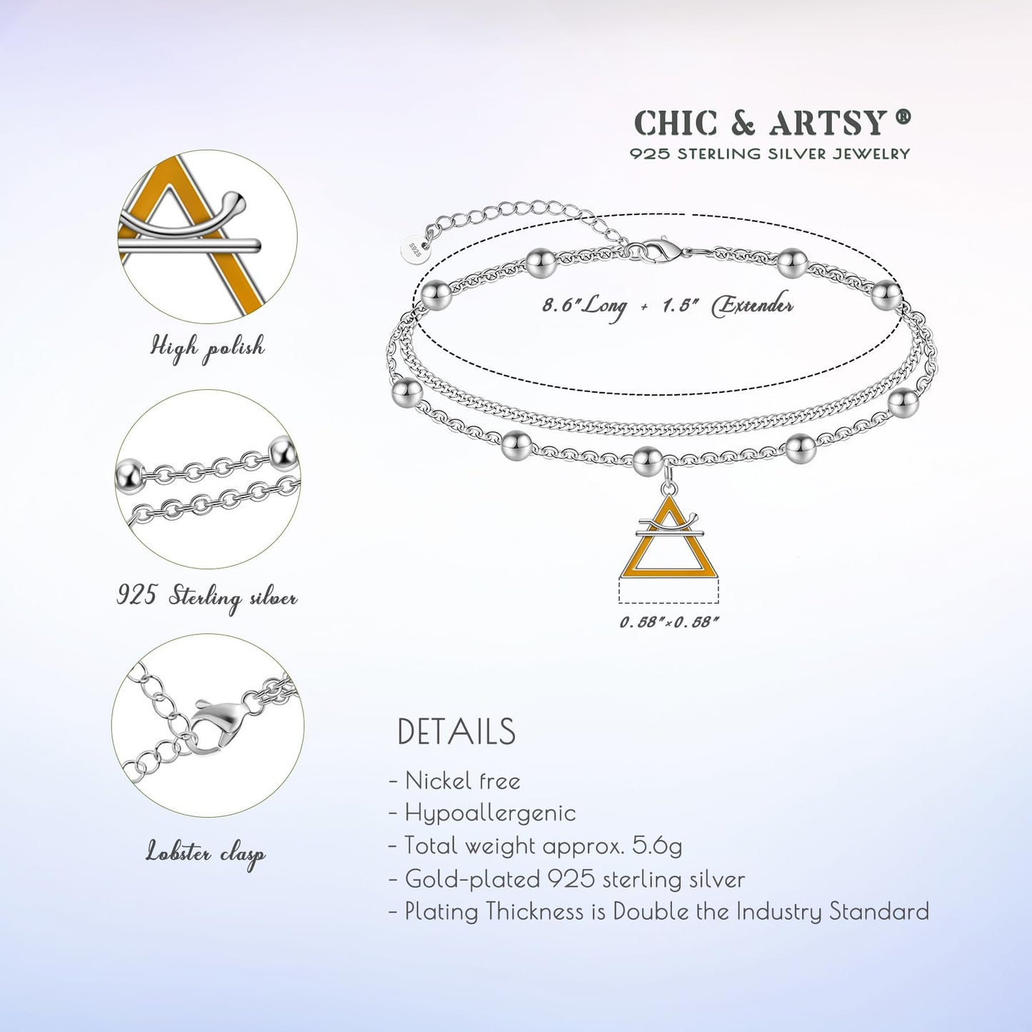 Ankle Bracelet 925 Sterling Silver Triangle Anklet Fashion Triangle Anklet for Women