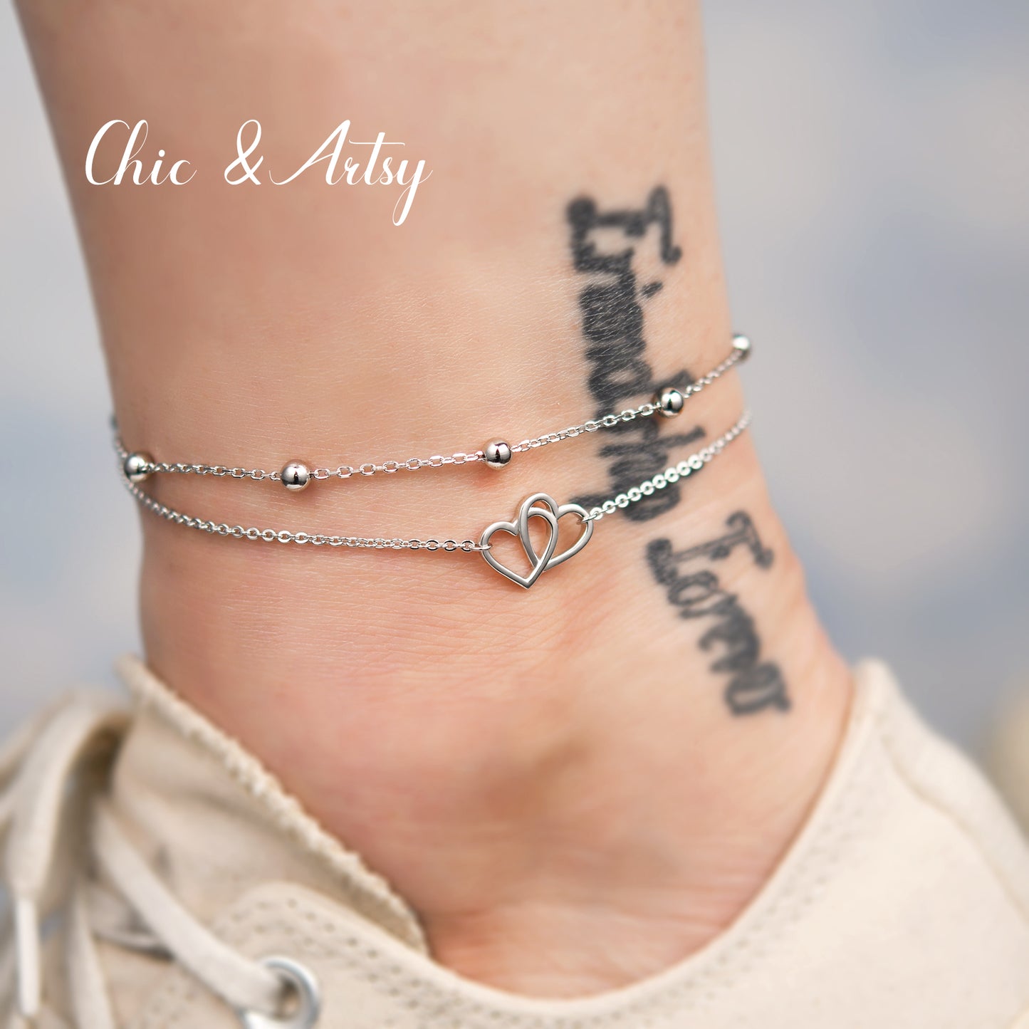 925 Sterling Silver Double Heart Layered Anklets Sandals Ankle Bracelets