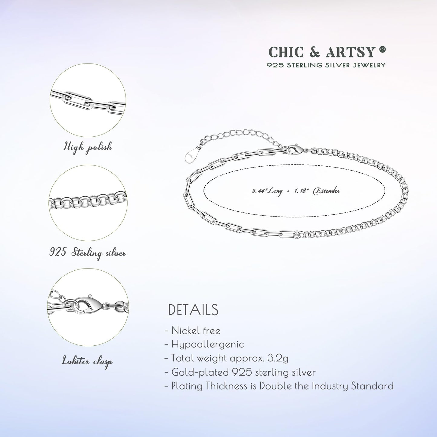 925 Sterling Silver Paperclip link Chain Anklet Bracelets