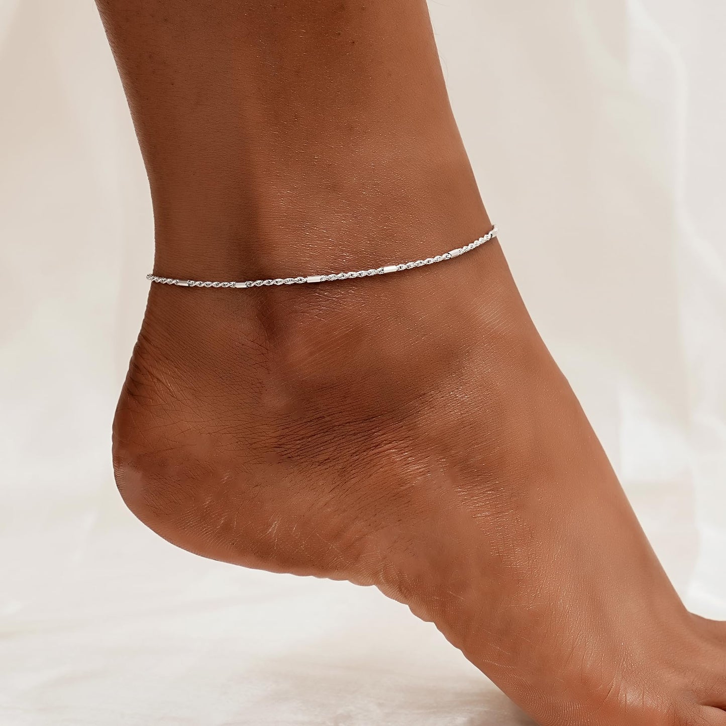 925 Sterling Silver Diamond-Cut Braided Rope Chain Anklet Summer Foot Chain for Women