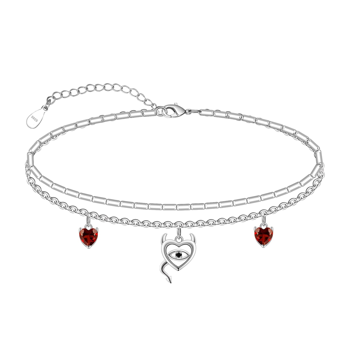 925 Sterling Silver Devil Anklet Heart Red Zirconia Cute Women's Anklet Bracelets