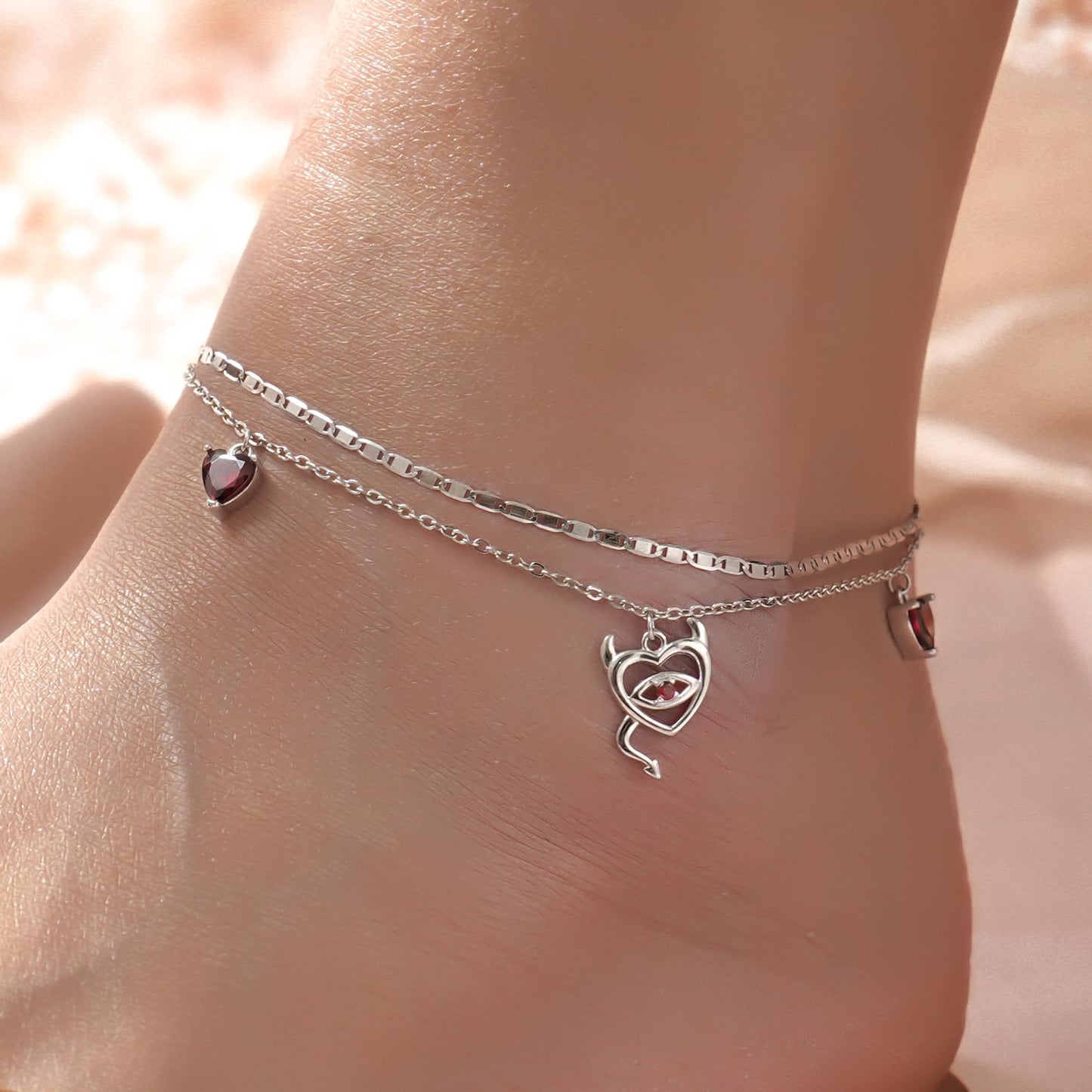 925 Sterling Silver Devil Anklet Heart Red Zirconia Cute Women's Anklet Bracelets